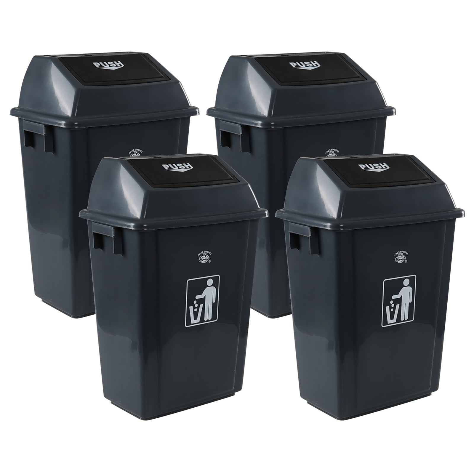 18 Gallon Plastic Trash Can with Swing Lid - 4-Pack Large Kitchen Garbage Bin with Swing-Top Lid, Grey - Perfect for Home, Office, Restaurant & Commercial Use