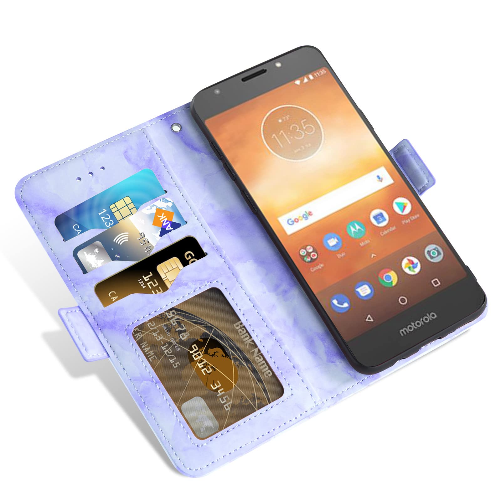 ASUWISH Marble Flip Wallet Phone Case with Card Holder & Kickstand + Tempered Glass Screen Protector for Motorola Moto E5 Play/E5 Cruise/5E/Go - Purple | Stylish Protection for Everyday Use & Travel