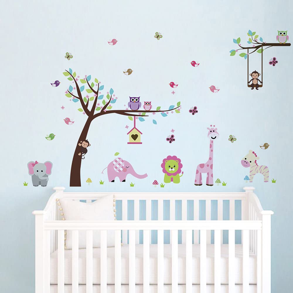 Jungle Animal Wall Decals for Nursery - Monkey, Elephant & Giraffe Tree Wall Stickers - Kids Room Decor for Girls & Boys - Perfect for Bedroom, Playroom & Daycare Wall Art