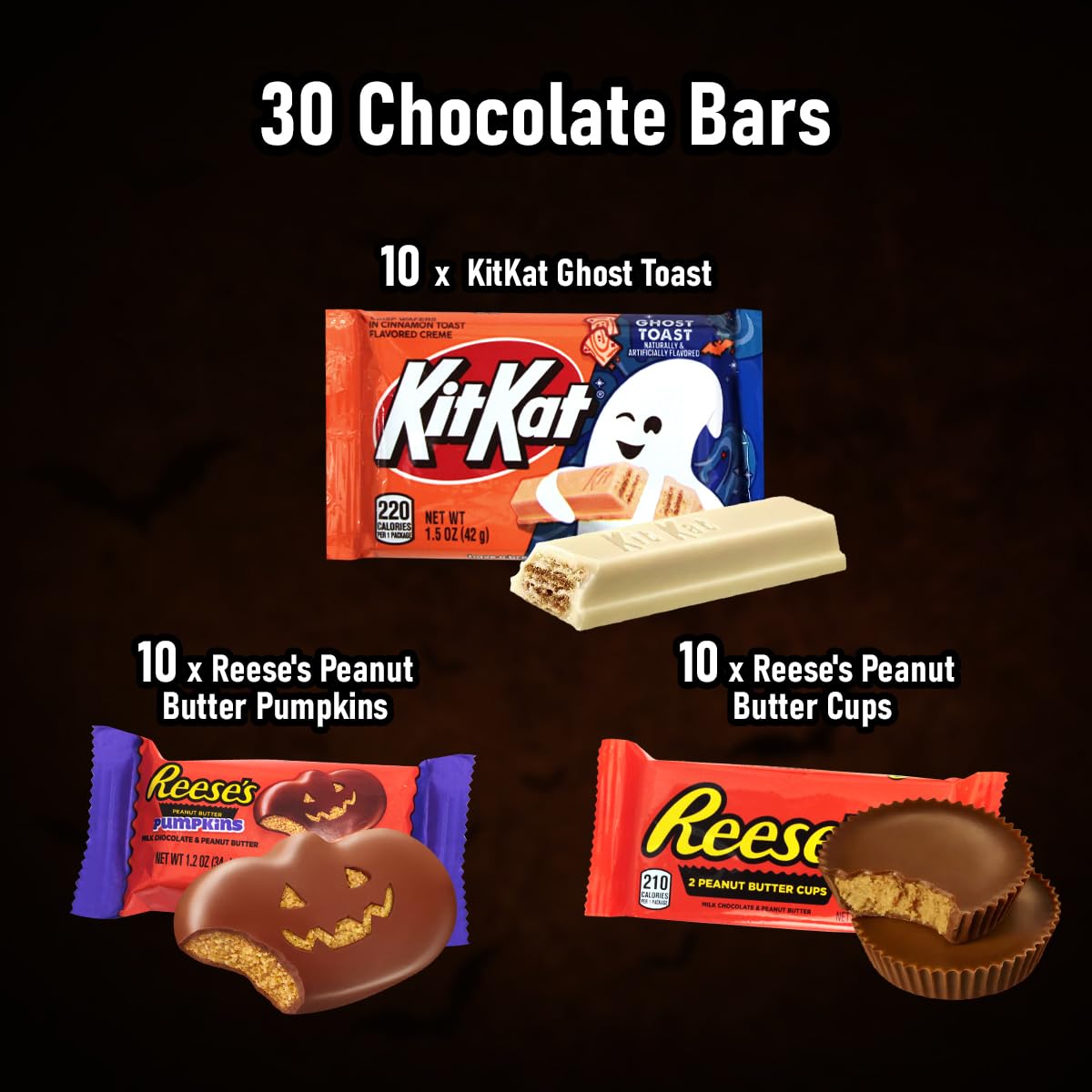 KATIES KANDY KORNER Chocolate Bars Gift Basket - 30 Piece Bulk Candy Assortment with Peanut Butter Pumpkins & KitKat Ghost Toast (10 Each) | Halloween Treats, Party Favors, Gift for Kids