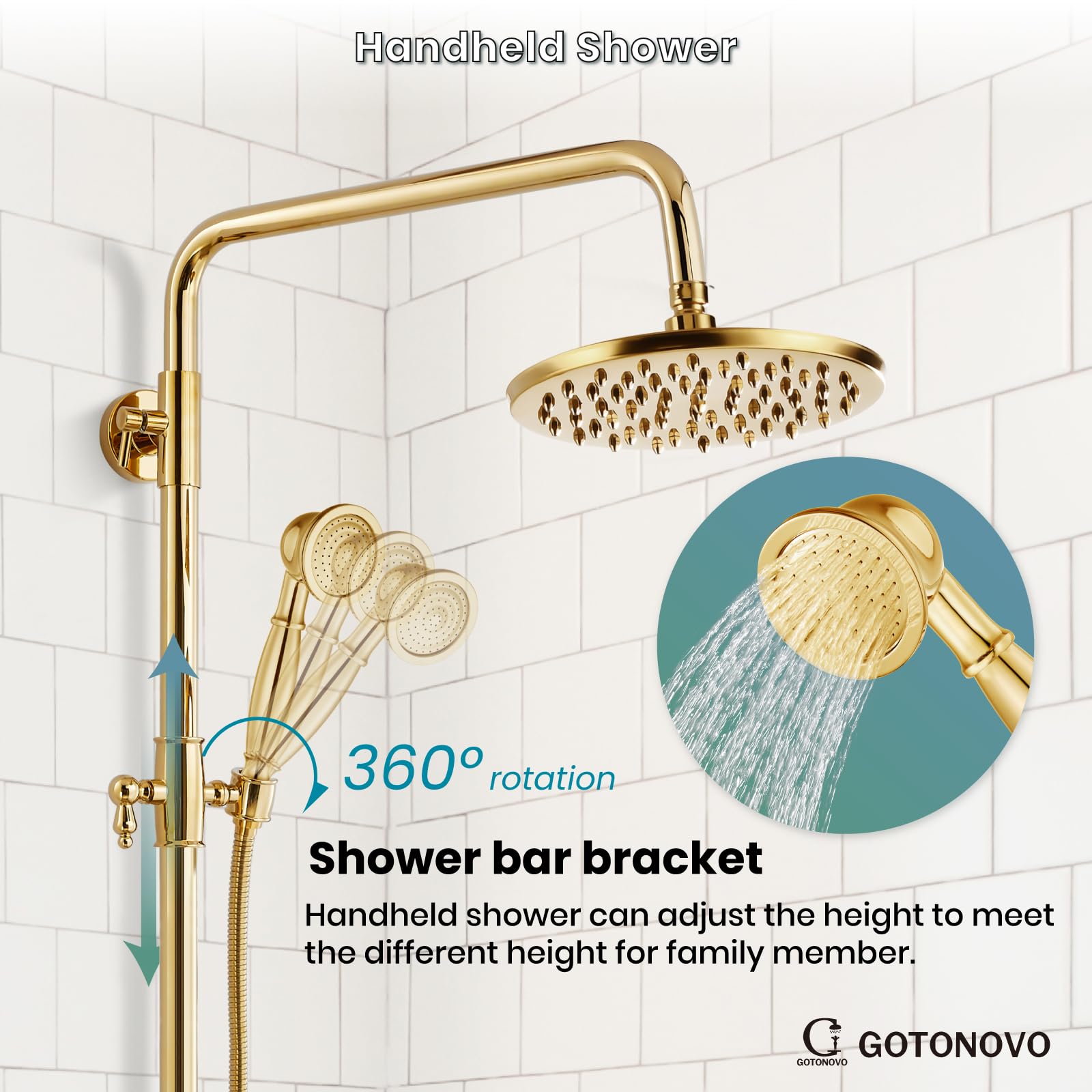 Gotonovo 8 Inch Exposed Shower Faucet Set with Rainfall Showerhead - 3-Function Shower System with Tub Spout & Cross Handles in Polish Gold - Perfect for Bathroom Renovation & Luxury Spa Experience
