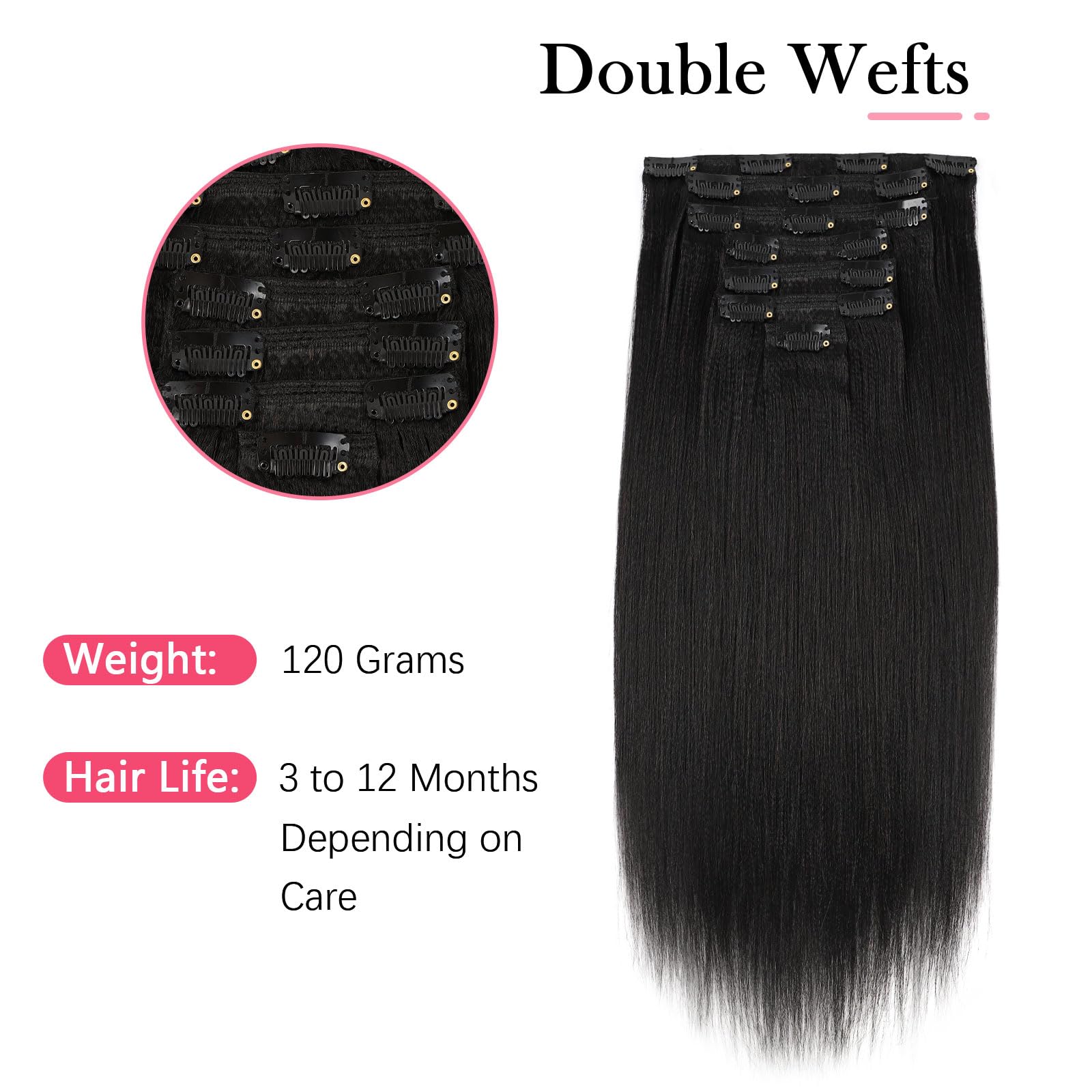 22 Inch Clip-in Human Hair Extensions - Yaki Straight Style, Natural Color, Remy Unprocessed Soft Hair Extensions for Black Women (7 Pieces, 17 Clips, 120g) - Perfect for Daily Styling, Parties & Special Occasions
