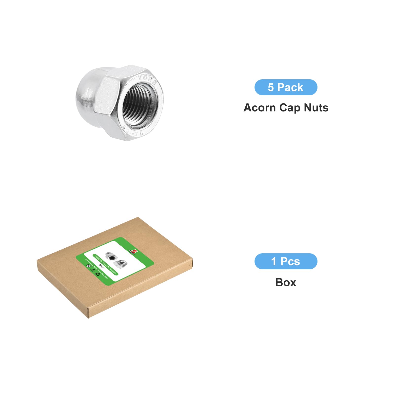uxcell M12x1.25 Acorn Cap Nuts, 5Pcs 304 Stainless Steel Dome Cap Head Nut for Bolt Cover - Rustproof Hardware Fasteners for Automotive, Furniture & DIY Projects (Silvery Finish)