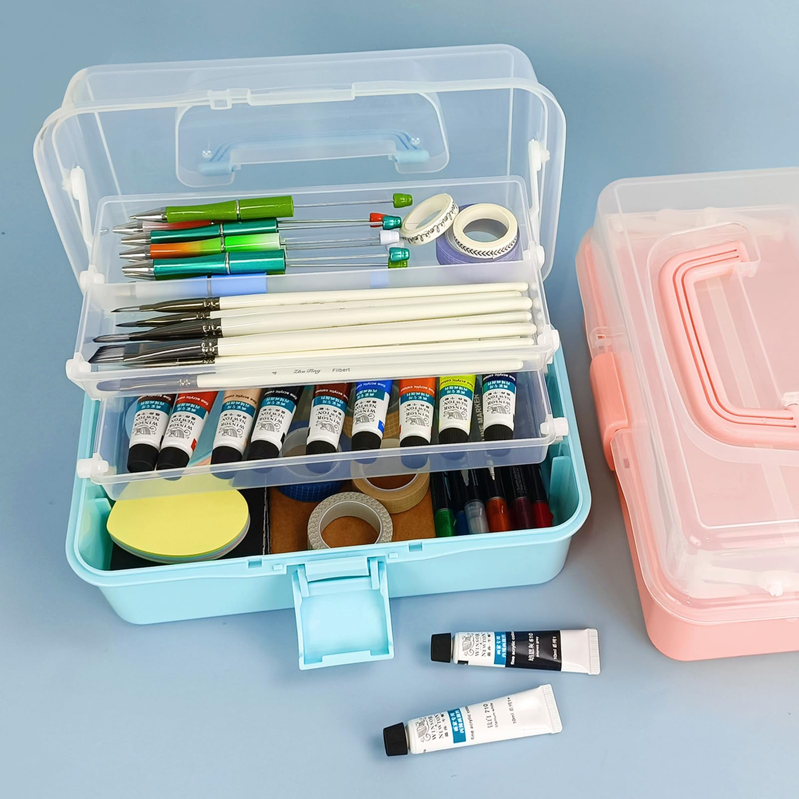 10-Inch 3-Layer Tackle Box Organizer with 2 Trays - Portable Craft Storage Box for Sewing, Nail Art, Makeup, Diamond Painting & Building Blocks - Medicine Storage Container with Handle (Blue) - Perfect for DIY Projects, Travel & Home Organization
