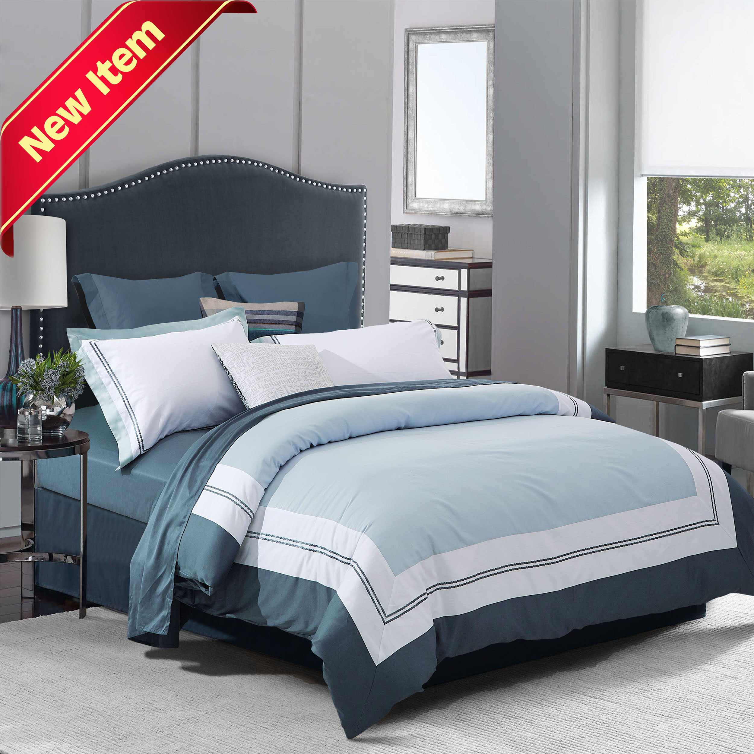Meridian Cotton Embroidered Rope 3-Piece Duvet Cover Set - Queen Size Bedding with Pillowcases - Luxury Hotel Style for Master Bedroom & Guest Room