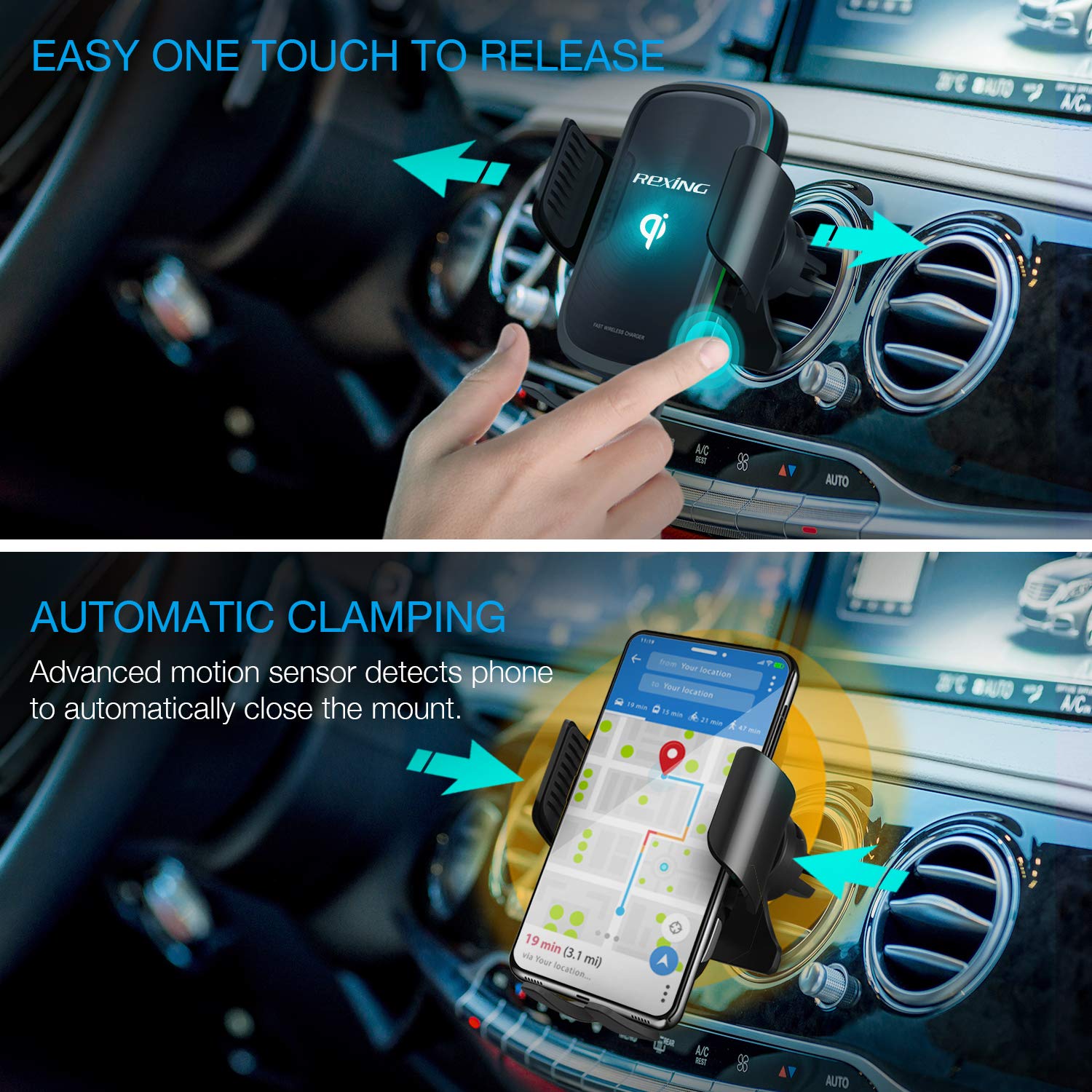 Rexing Wireless Car Phone Holder - 15W/7.5W Qi Fast Charging, Auto Clamping & Sensing, Universal for iPhone 15/14/13, Samsung Galaxy S23/S22, Android Phones - Perfect for Hands-Free Driving & GPS Navigation
