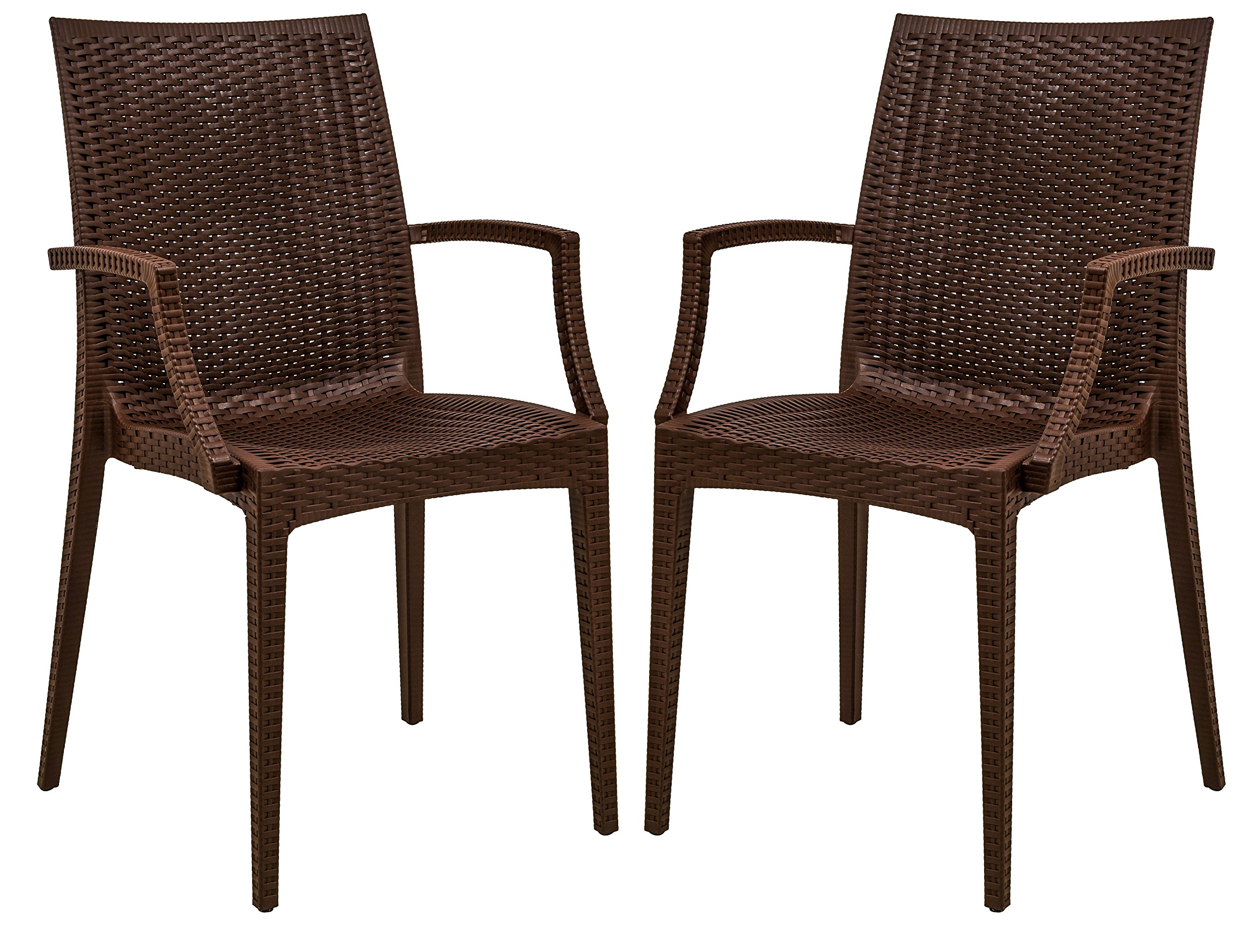 LeisureMod Hickory Weave Indoor Outdoor Patio Dining Side Armchair Set of 2 - Brown Wicker Chairs for Patio, Garden, Poolside & Backyard Relaxation