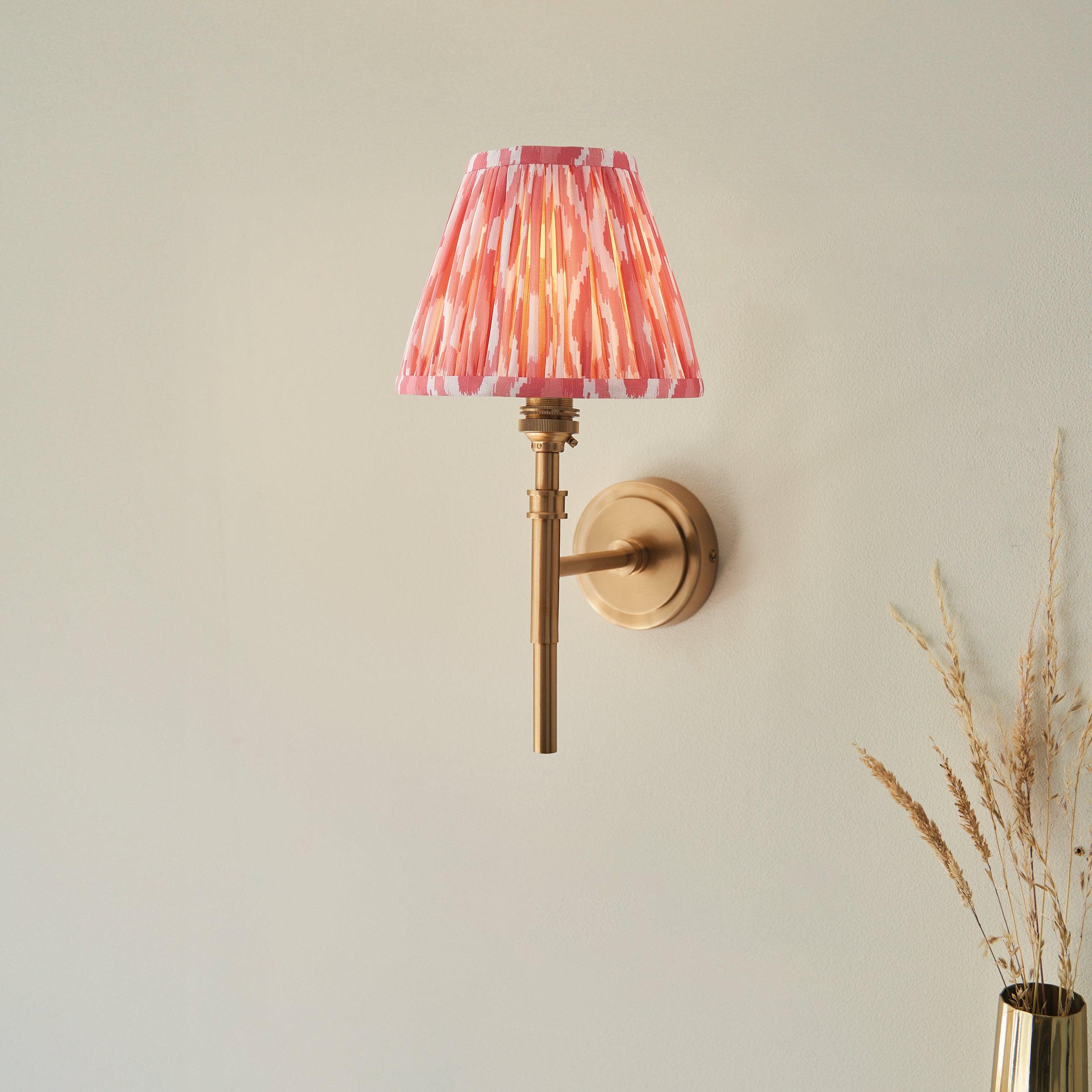Chester Brass Wall Light with Pink Ikat 16cm Shade - Elegant Vintage Sconce for Bedroom, Hallway & Living Room Lighting