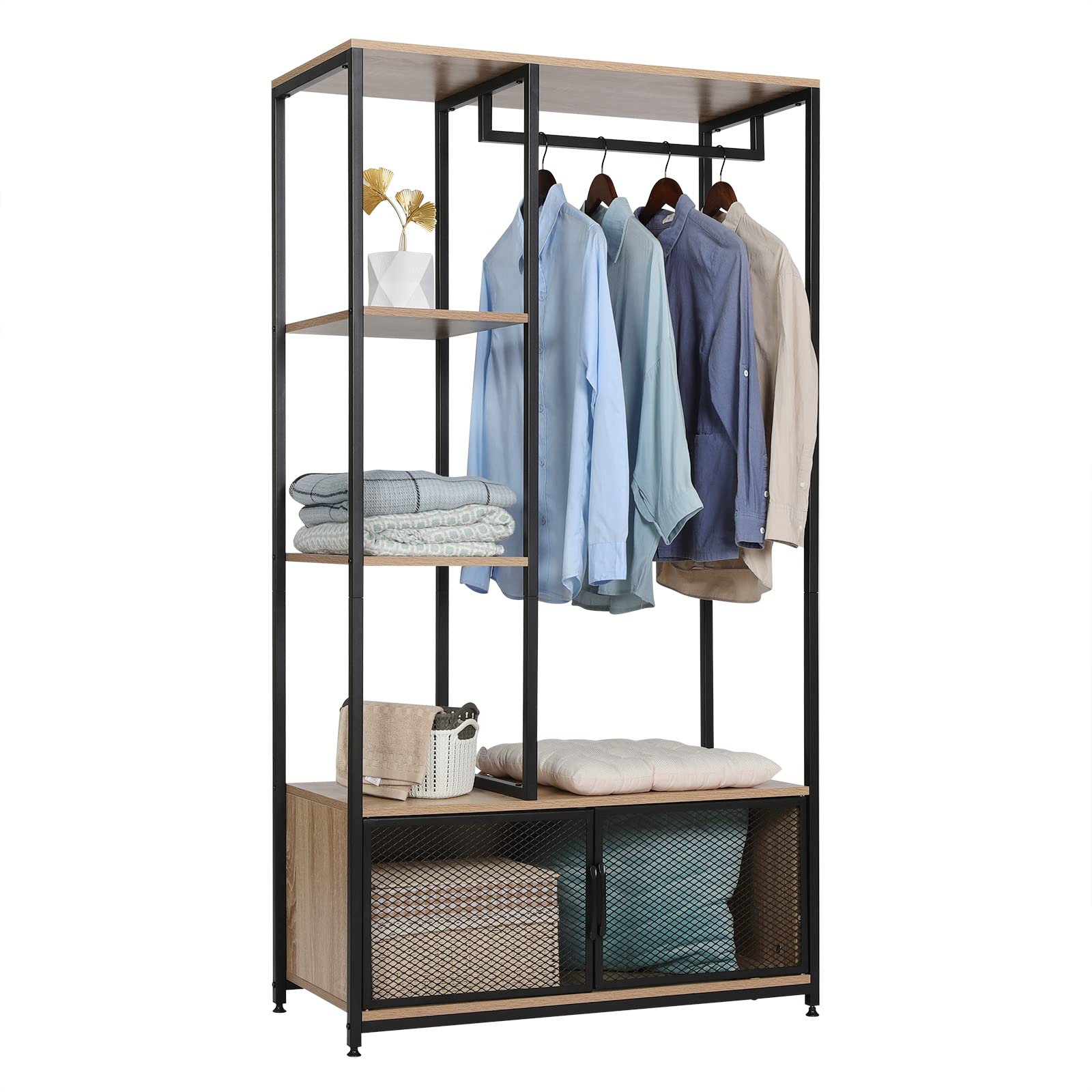 WOLTU Wooden and Metal Standing Coat Rack with Side Shelves and Storage Cabinet - Light Oak Finish | Perfect for Bedroom, Closet, Entryway, and Office Organization