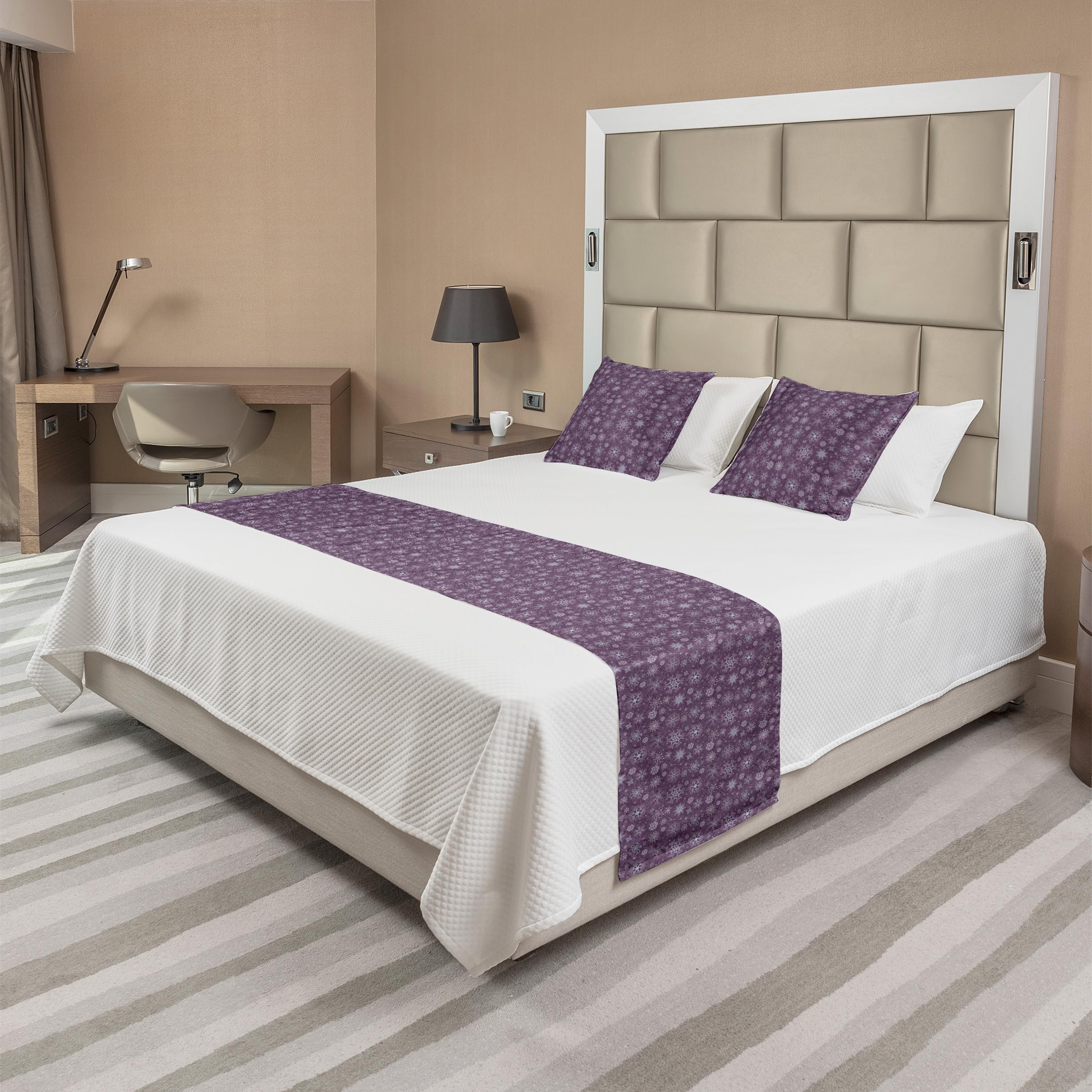 Ambesonne Eggplant Bed Runner Set with Christmas Flowers, Snowflakes & Swirls in Violet - Decorative Bedding Scarf & 2 Pillow Shams for Hotels & Homes - Perfect for Holiday Decor & Winter Bedroom Styling
