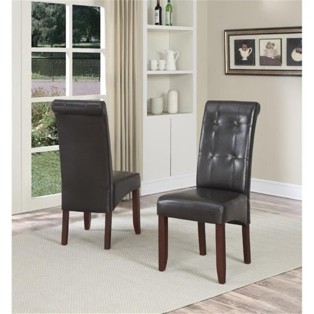 Atlin Designs 2-Piece Dark Brown Faux Leather Dining Chairs Set - Button Tufted Modern Kitchen Chairs with Sturdy Wood Legs - Perfect for Home Dining Room, Restaurant, and Cafe Settings
