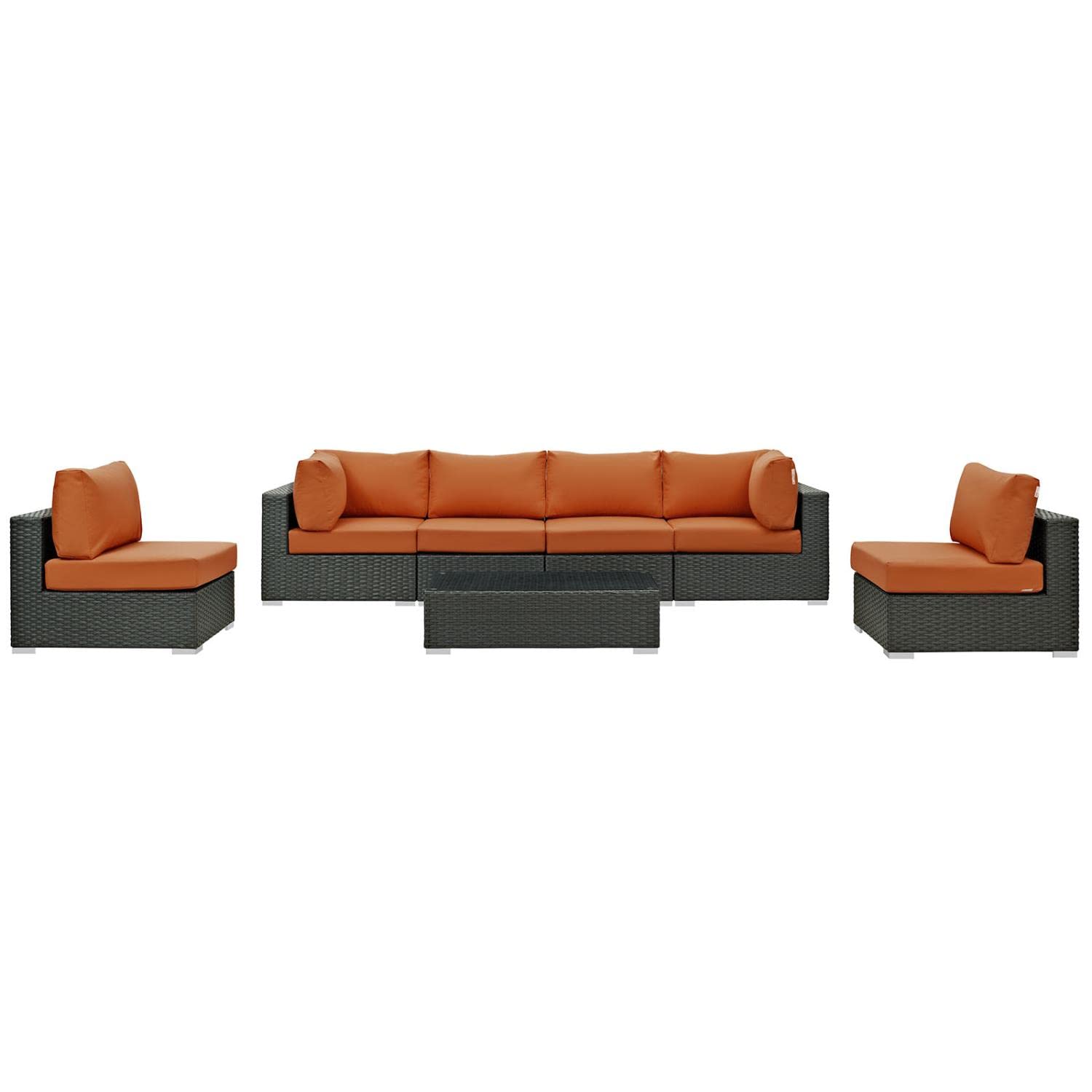 Modway Sojourn 7-Piece Outdoor Patio Sectional Set - Wicker Rattan Furniture with Sunbrella Canvas Cushions in Tuscan Brown - Perfect for Backyard, Poolside & Garden Relaxation