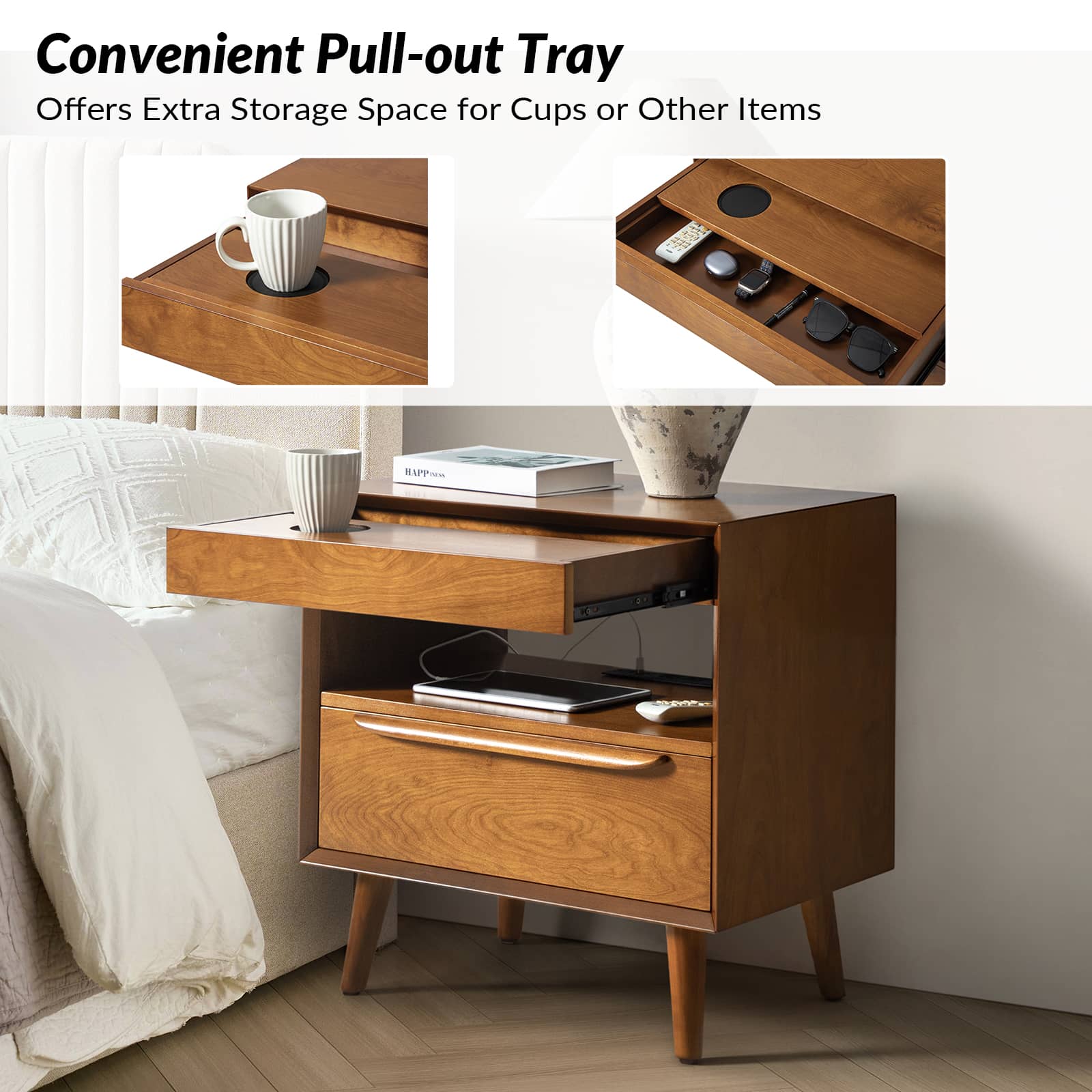 Mid Century Modern Nightstand with 2 Drawers & Built-In Outlets - Giralda Bedside Table for Bedroom, Living Room & Office (Optional Types)