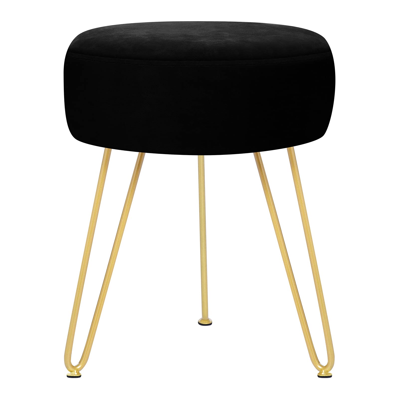 GERANT Velvet Round Ottoman Stool - Modern Multifunctional Vanity & Dressing Stool with Golden Metal Legs - Upholstered Footrest & Side Table for Living Room, Bedroom, Bathroom (Black) - Perfect for Makeup, Reading & Relaxing