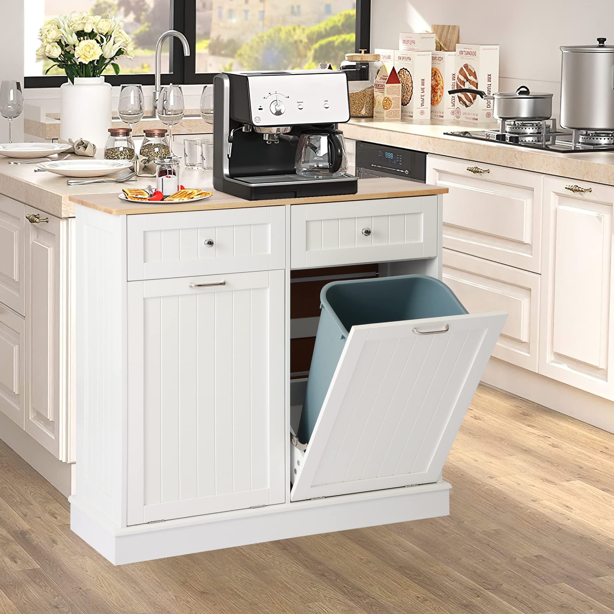 White Wooden Tilt-Out Trash Can Cabinet with Double Hidden Trash Bin Holder - Free Standing Kitchen Recycling Storage Organizer, Dog-Proof Garbage Can for Home & Office Use