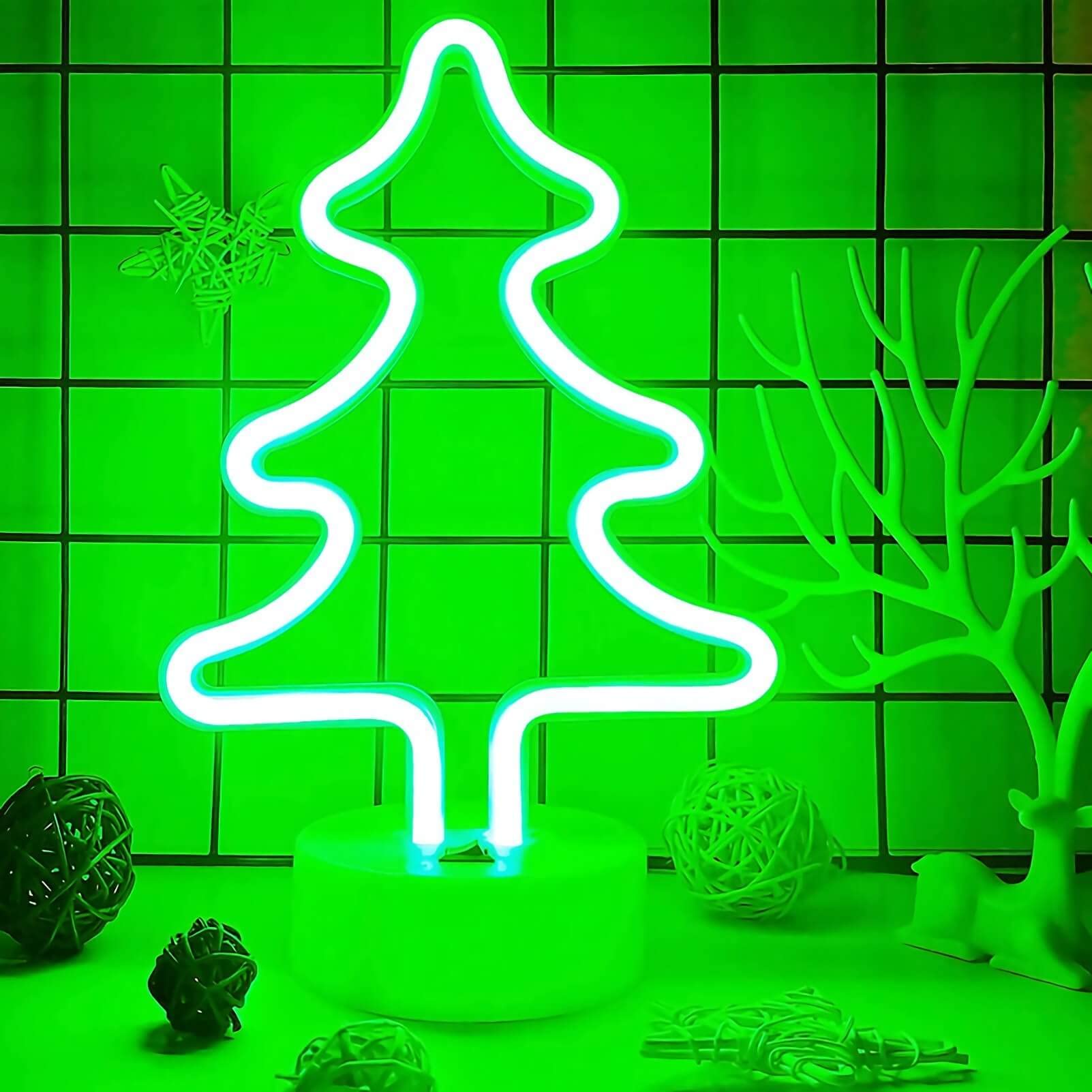 Battery/USB Powered Green Neon Christmas Tree Light with Base - Holiday Home Decor for Christmas Party, Bedroom, Living Room & Office