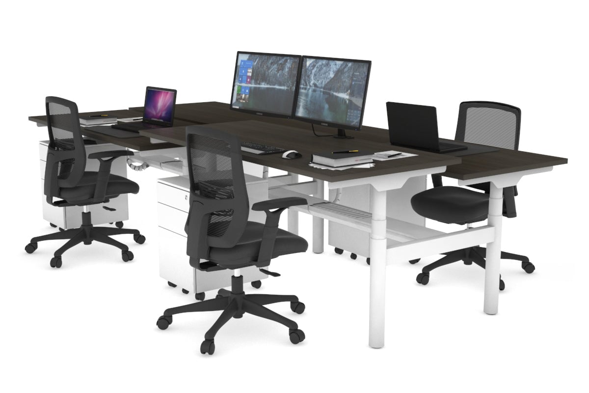 Flexi Premium Height Adjustable 4-Person H Bench Workstation - White Frame [1800L x 700W] - Ideal for Office, Coworking Spaces & Home Offices