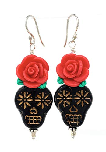 Day of the Dead Earrings with Red Rose - 2 Inch Handmade Mexican Sugar Skull Dangle Earrings for Women - Perfect for Halloween, Dia de los Muertos, and Festival Costume Jewelry