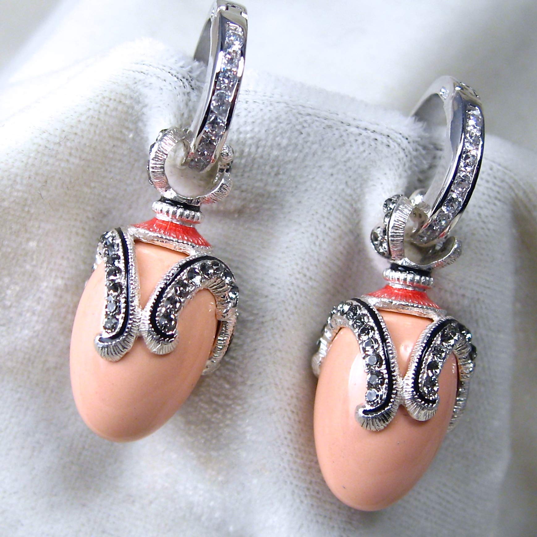 925 Sterling Silver Pink Coral Egg Earrings with Cubic Zirconia | Elegant Guilloché Enamel Hoop Earrings for Women | Perfect for Weddings, Parties & Everyday Wear
