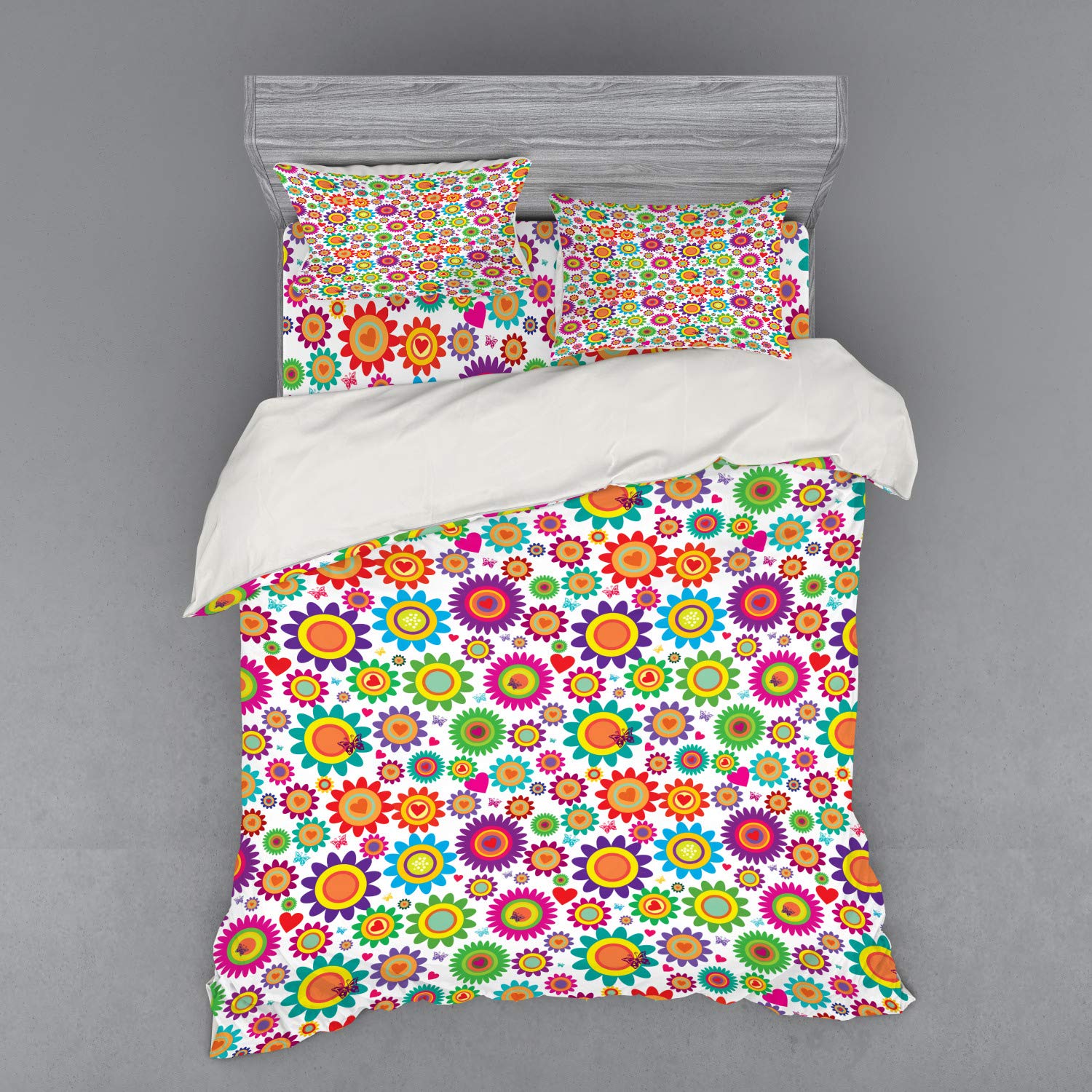 Ambesonne Easter Bedding Set - 4 Piece Duvet Cover Set with Shams & Fitted Sheet, Queen Size, Colorful Camomile & Hearts Nature Theme - Perfect for Spring Decor, Easter Gift & Cozy Bedroom Upgrade