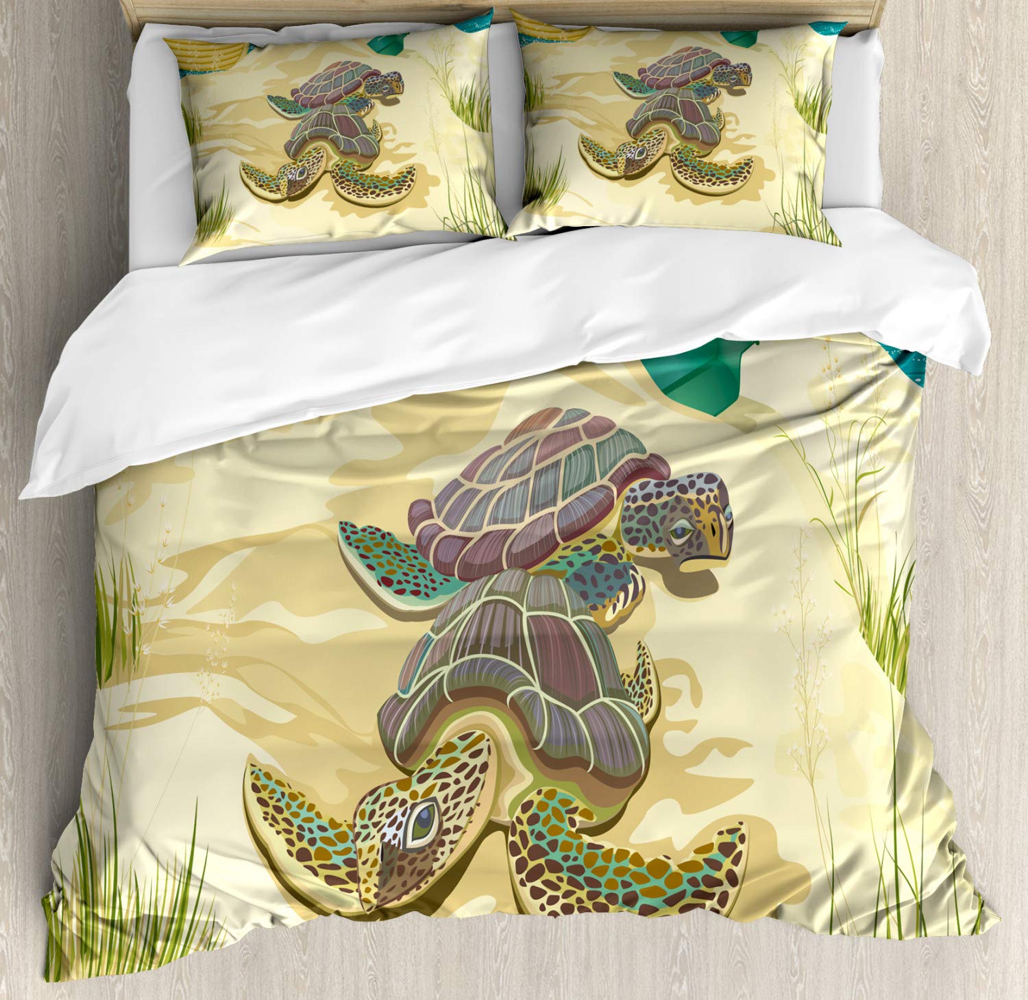 Ambesonne Turtle Duvet Cover Set - 2 Sea Turtles on Sandy Beach Ocean Theme Bedding, Queen Size 2-Pack with 4 Pillowcases, Pale Yellow Green Teal - Perfect for Coastal Bedroom Decor & Summer Beach House Styling