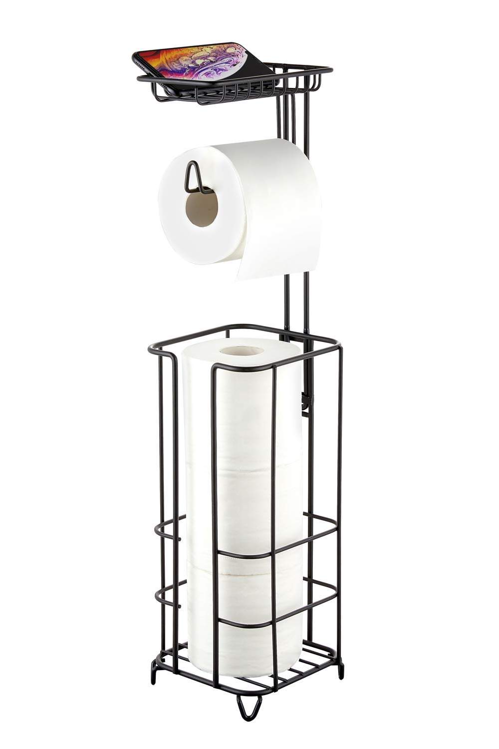 Freestanding Toilet Paper Holder Stand with Shelf - Black Bathroom Tissue Roll Holder for Phone & Wipes - Anti-Slip Design for Home, Office & RV Use