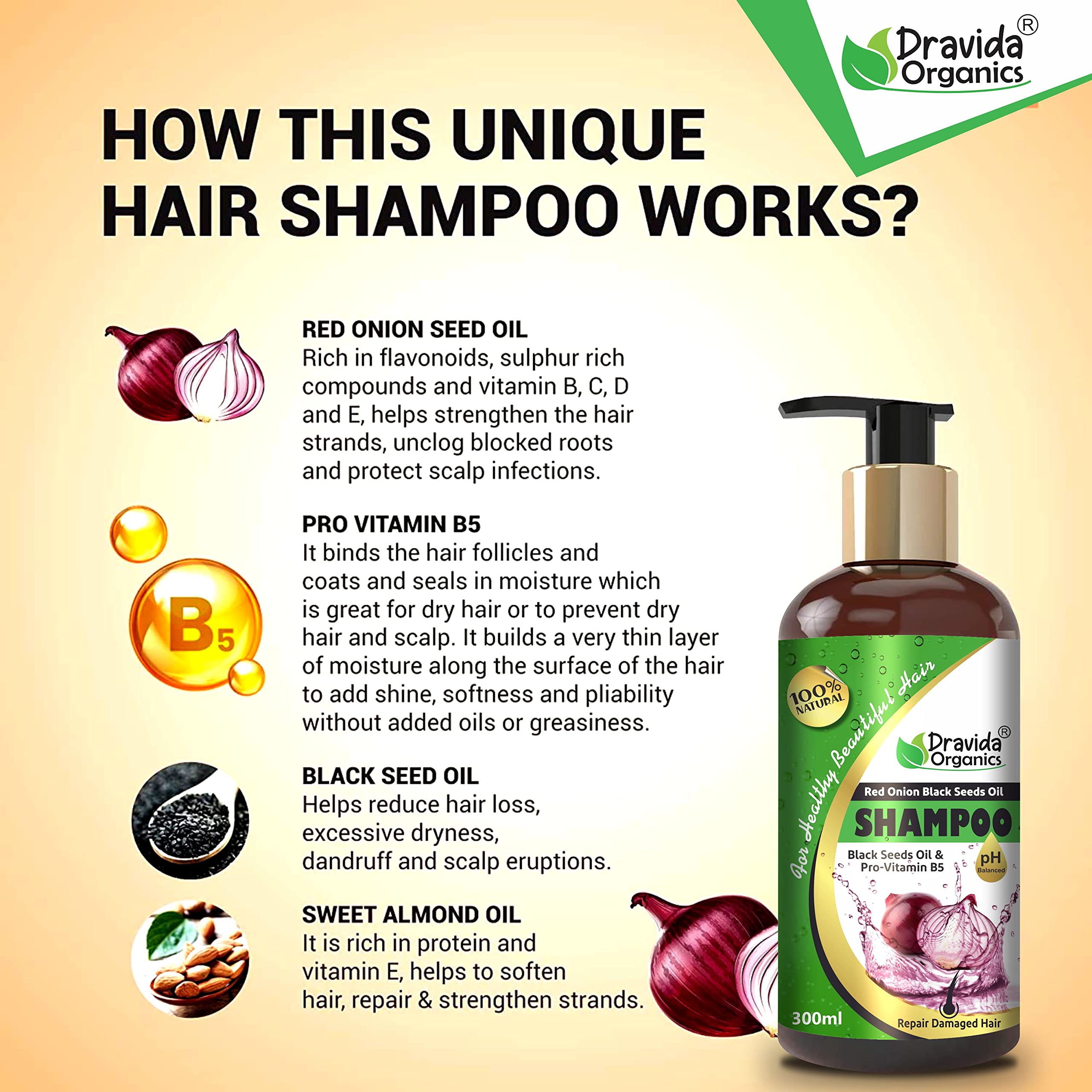 Dravida Organics Red Onion & Black Seed Oil Shampoo with Natural Extracts - 300ml for Hair Growth & Scalp Care | Fights Hair Loss & Dandruff | Sulfate-Free & Organic Formula
