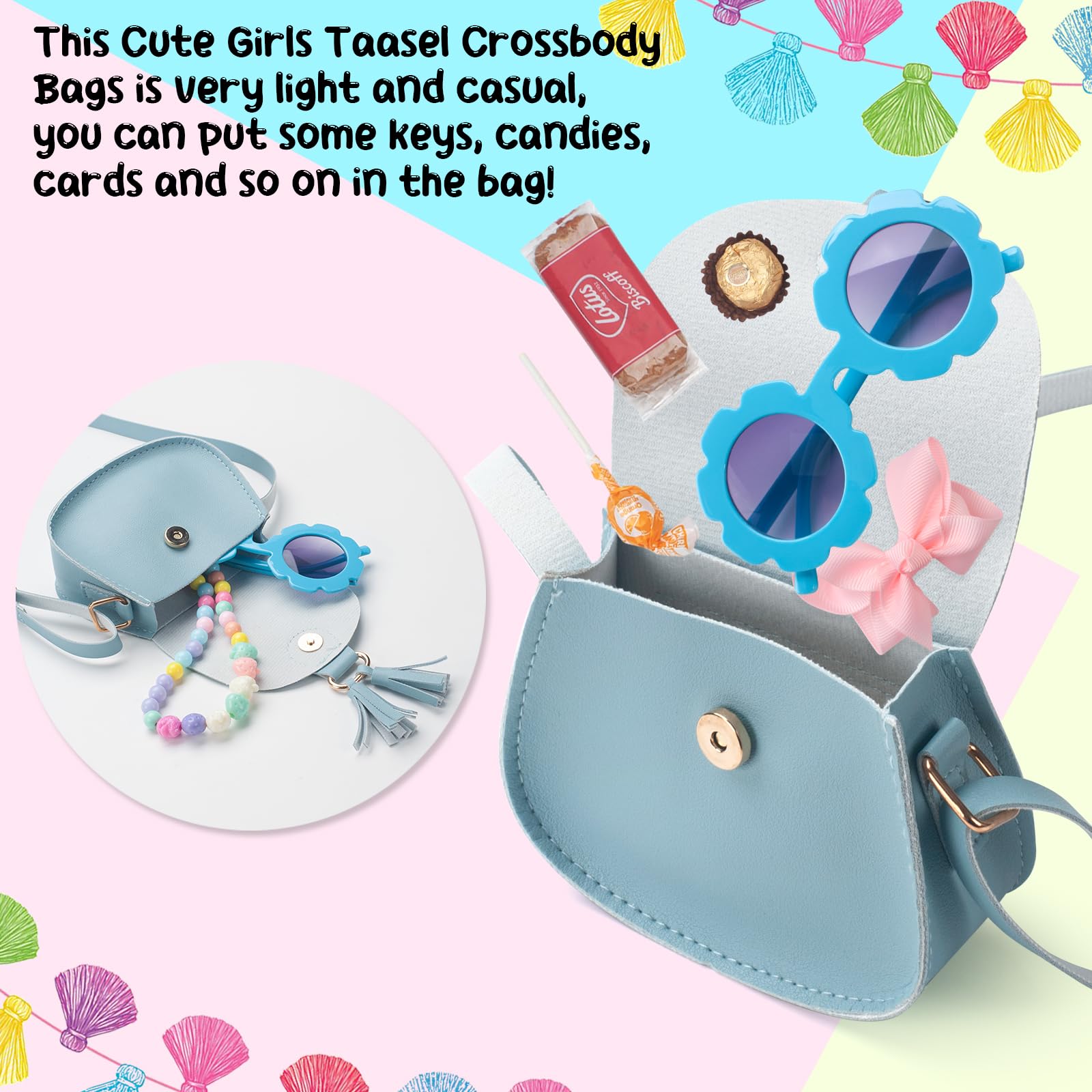 **Girls Crossbody Purse for Kids Age 2-14 | Adjustable Shoulder Bag with Tassel | Cute Toddler Purse for School, Travel & Play**    (Note: This optimized title improves keyword relevance, adds age specificity, highlights adjustable features, and includes usage scenarios like school, travel, and play.)
