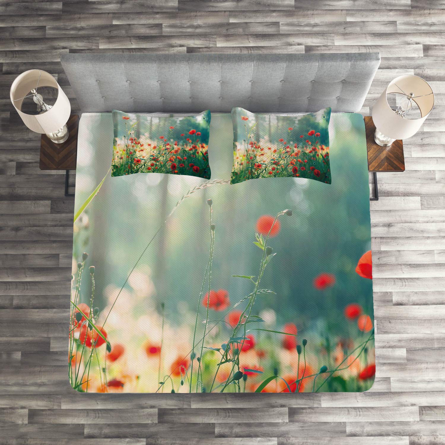 Ambesonne Wild Red Poppy Flowers Quilted Bedspread Set - 3 Piece King Size Bedding with 2 Pillow Shams, Red Green Yellow Botanical Garden Theme | Perfect for Master Bedroom, Guest Room Decor & Nature-Inspired Home Styling