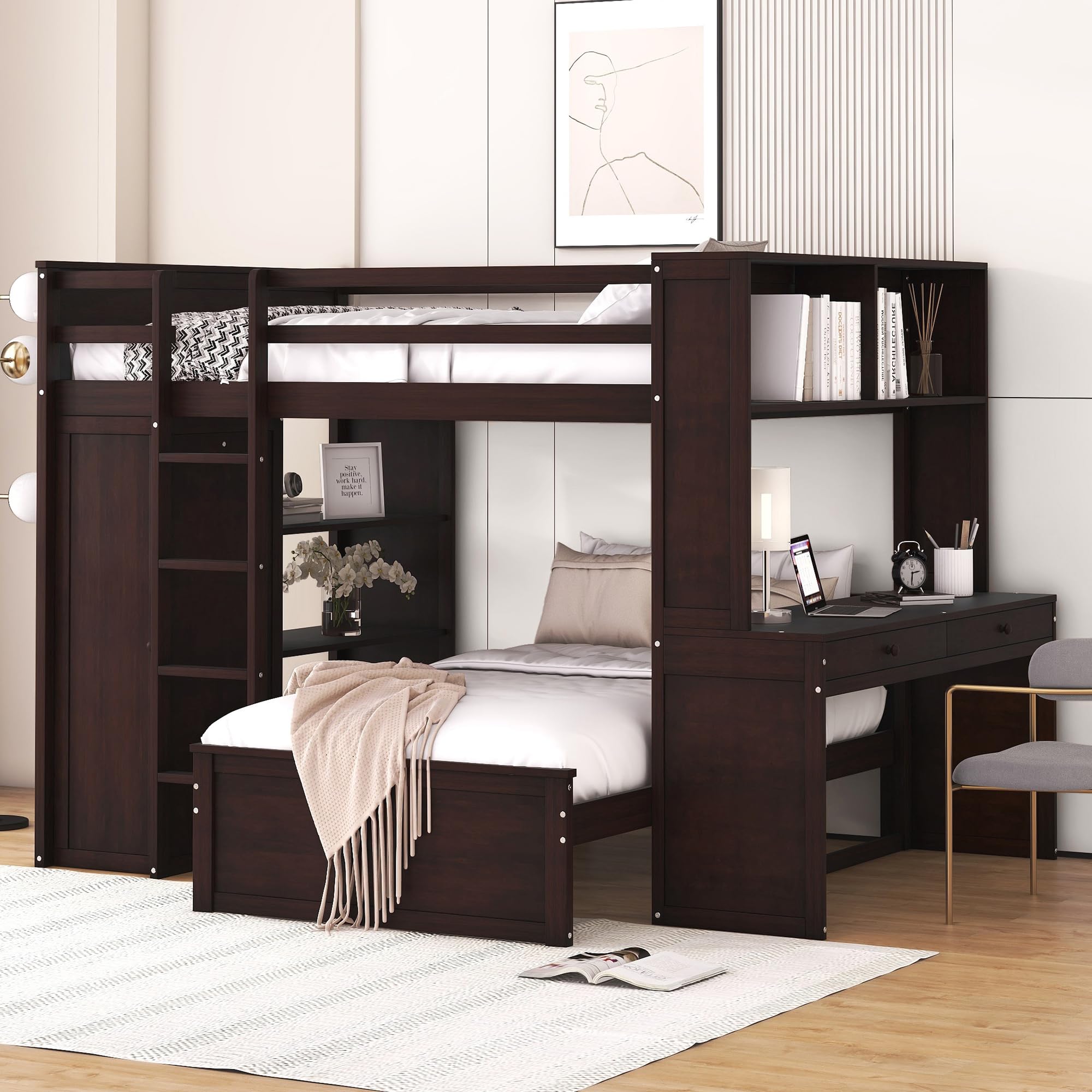 P PURLOVE Full Loft Bed with Desk for Kids - Twin Over Twin Bunk Bed with Wardrobe, Storage Drawers & Bookcase - Multifunctional Wooden Loft Bed Frame for Small Spaces - Perfect for Bedroom, Dorm Room or Kids' Room Organization