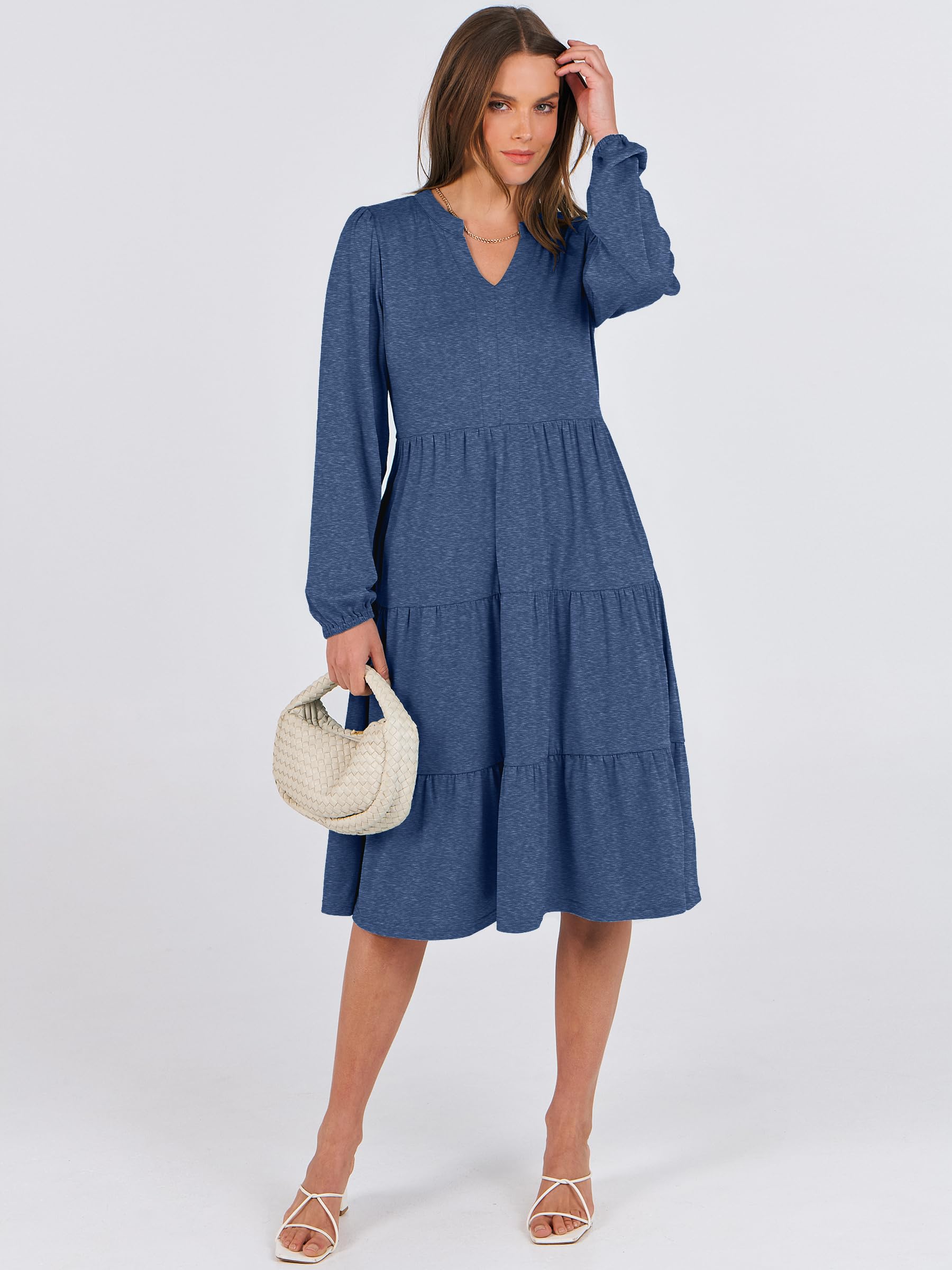 ANRABESS Women's Long Sleeve V-Neck Flowy Swing Dress - 2025 Spring Casual Tiered Maxi Dress for Vacation, Beach, Party & Everyday Wear
