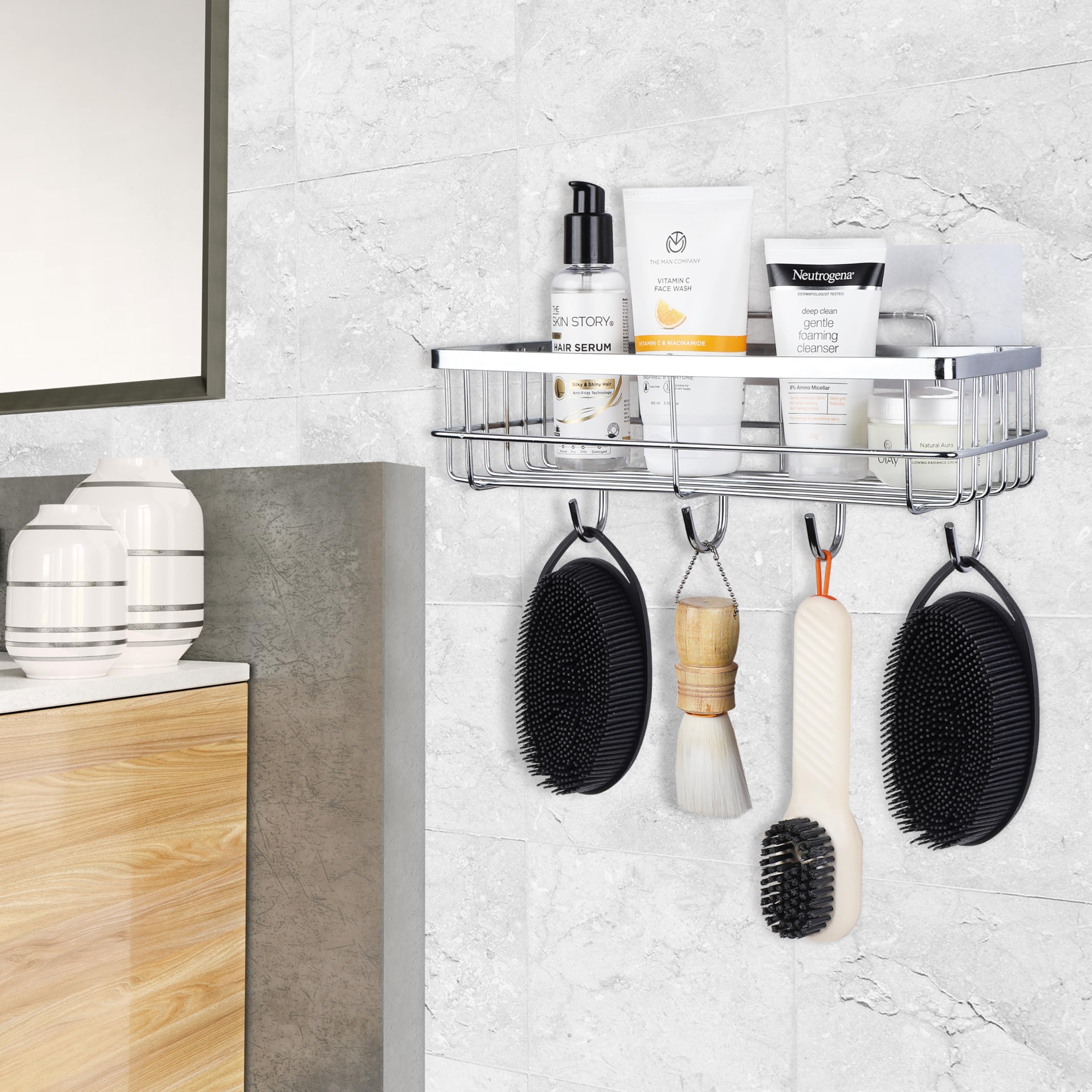Gudroom Stainless Steel Self-Adhesive Shampoo Holder Wall Rack - Easy Installation Bathroom Organizer for Shampoo, Soap & Cream Bottles - Perfect for Shower, Bathtub & Spa Organization