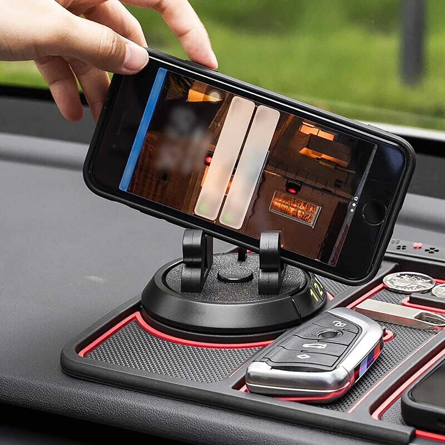 WHJC Non-Slip Car Dashboard Phone Pad - 4-in-1 Anti-Slip Mat with Replaceable Parking Card & Aromatherapy Box - Secure Phone Holder for Cars, Trucks, SUVs - Perfect for Commuting, Road Trips & Daily Driving (Red)