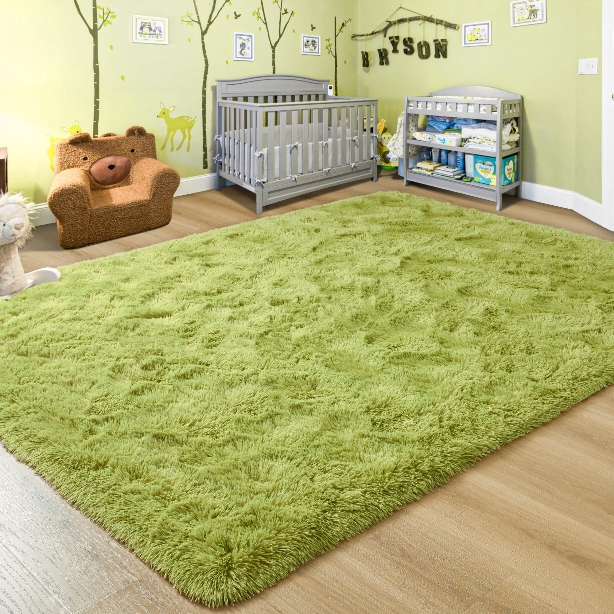 Junovo Ultra Soft 6x9 Feet Fluffy Shaggy Area Rug - Plush Carpet for Bedroom, Living Room, Nursery, Kids Room - Non-Slip Home Decor Floor Mat in Green (Perfect for Cozy Spaces & Play Areas)