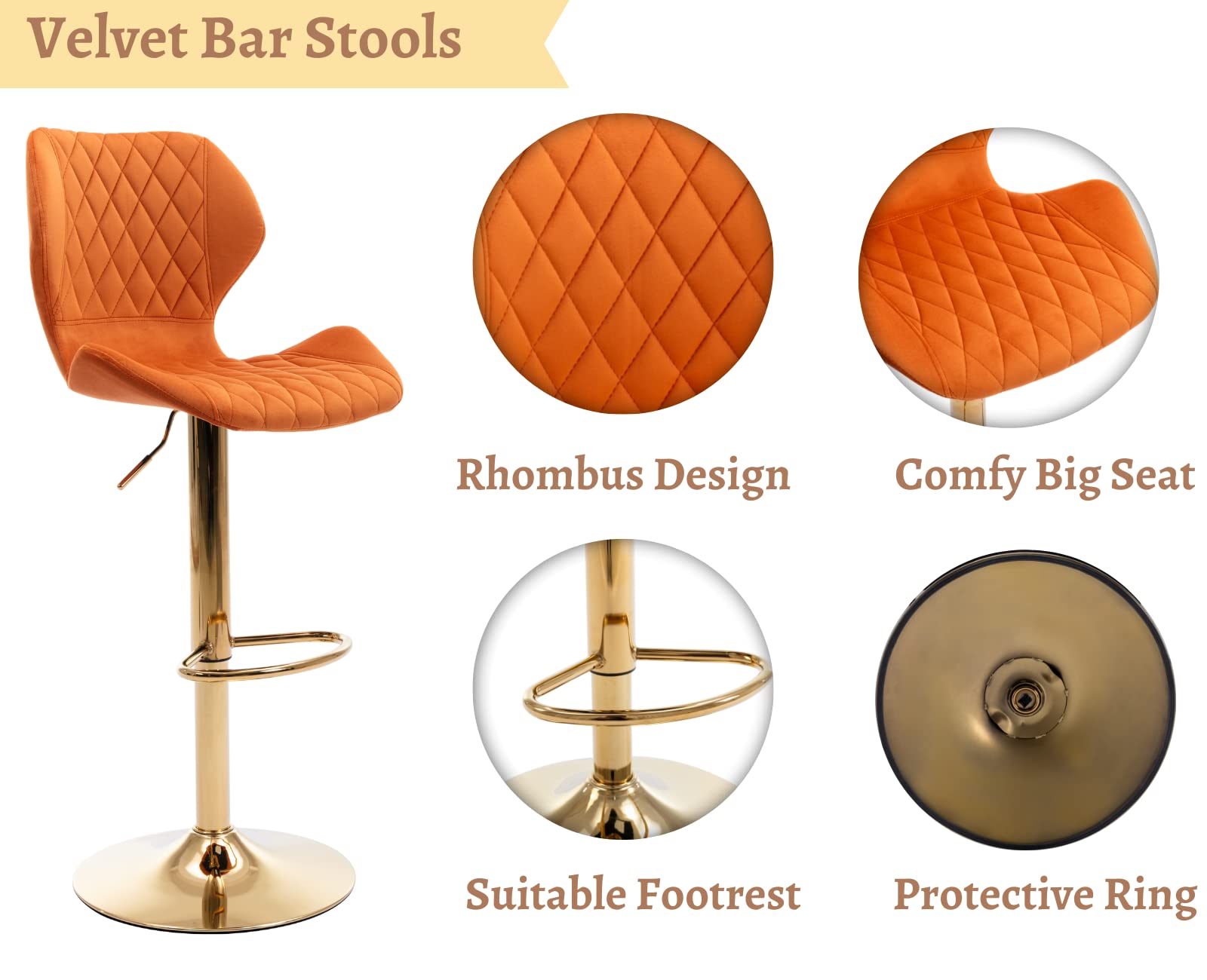 EALSON Set of 4 Velvet Swivel Bar Stools with Backrest & Gold Base - Adjustable Counter Height Kitchen Island Stools for Home Bar, Dining Room & Breakfast Nook - Modern Orange Bar Chairs for Entertaining & Casual Dining