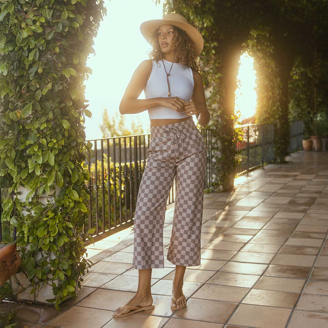 Audrey Wide Leg Pants for Women - Brown Checkered High Waist Trousers | Comfortable Office & Casual Wear | Perfect for Work, Travel & Everyday Outfits
