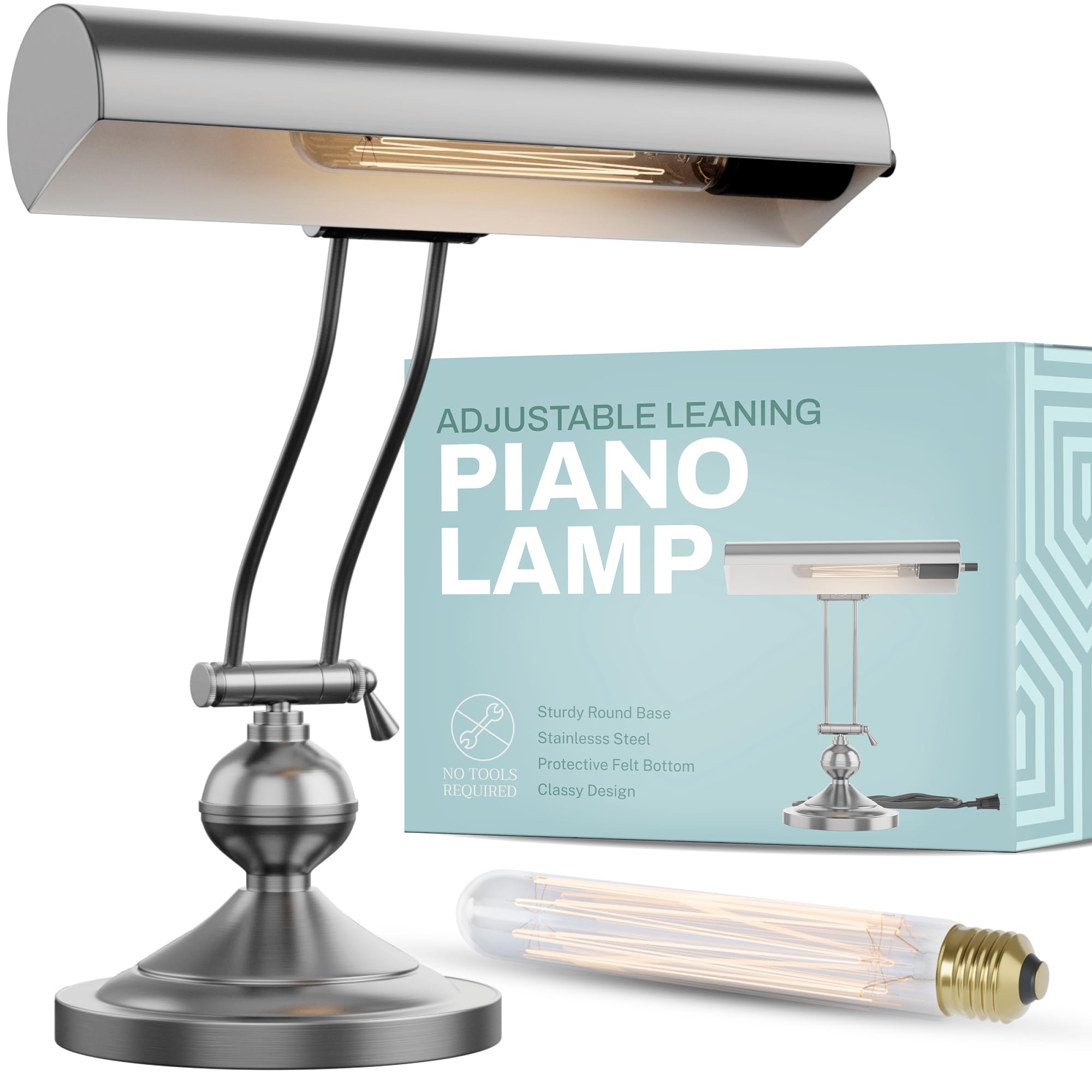 Vintage Adjustable Piano Lamp - Classic Antique Banker Desk Light with Leaning Design in Satin Nickel Finish | Perfect for Home Office, Study Room & Music Studio Lighting