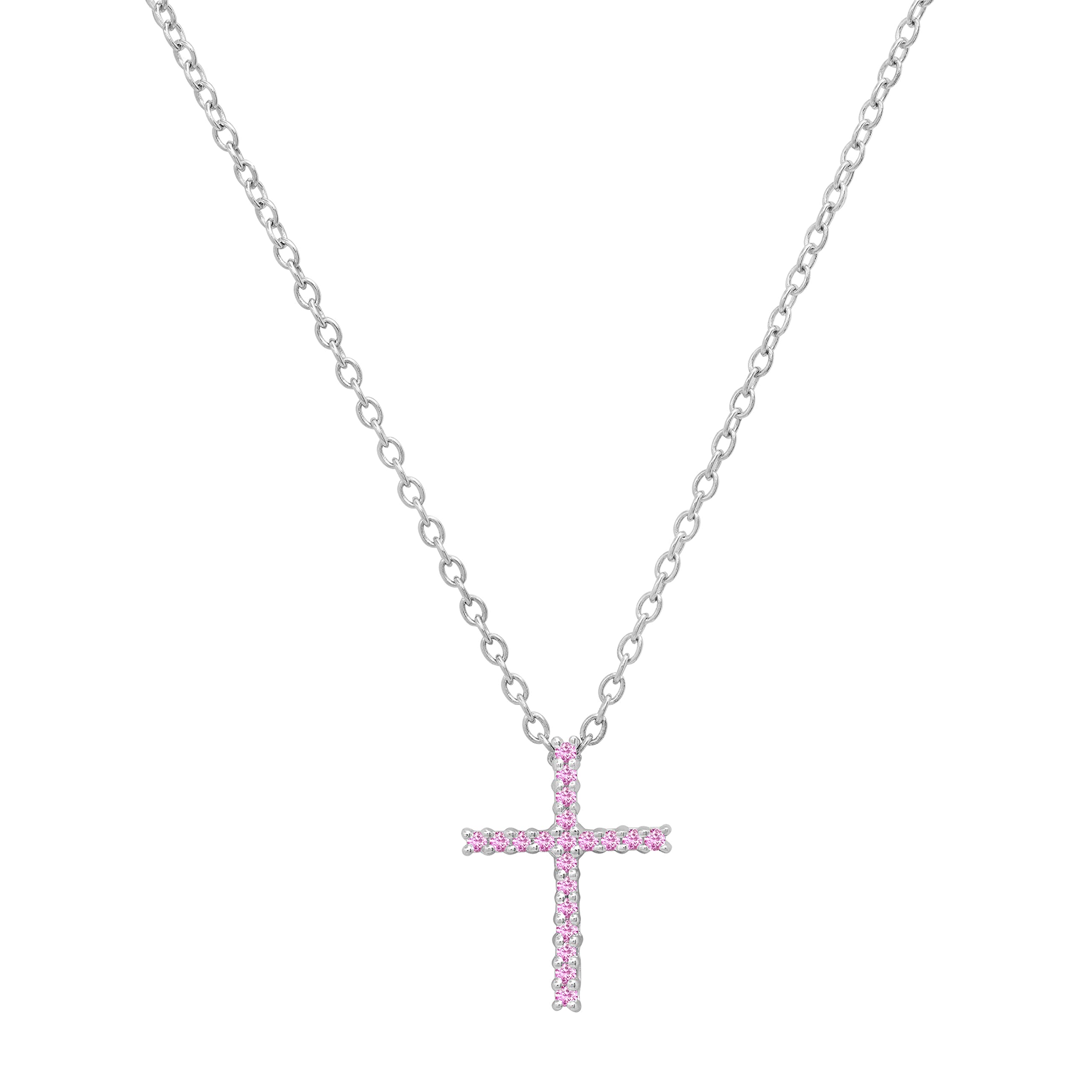925 Sterling Silver Round Pink Sapphire Cross Pendant Necklace for Women | Dazzlingrock Collection | Elegant Jewelry Gift for Valentine's Day, Anniversary & Special Occasions
