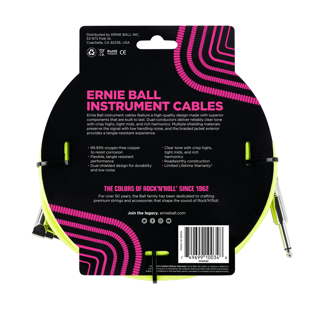 Ernie Ball 10-Foot Braided Straight/Angle Instrument Cable - Neon Yellow - High-Quality Guitar/Bass Cable for Live Performances & Studio Recording