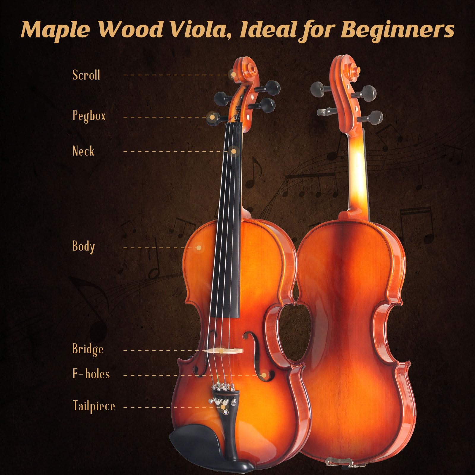 16 Inch MA350 Acoustic Viola - Solid Wood Satin Antique Finish Viola Set with Case, Bow & Rosin - Professional & Beginner Viola for Adults & Students - Perfect for Practice, Performances & Music Classes