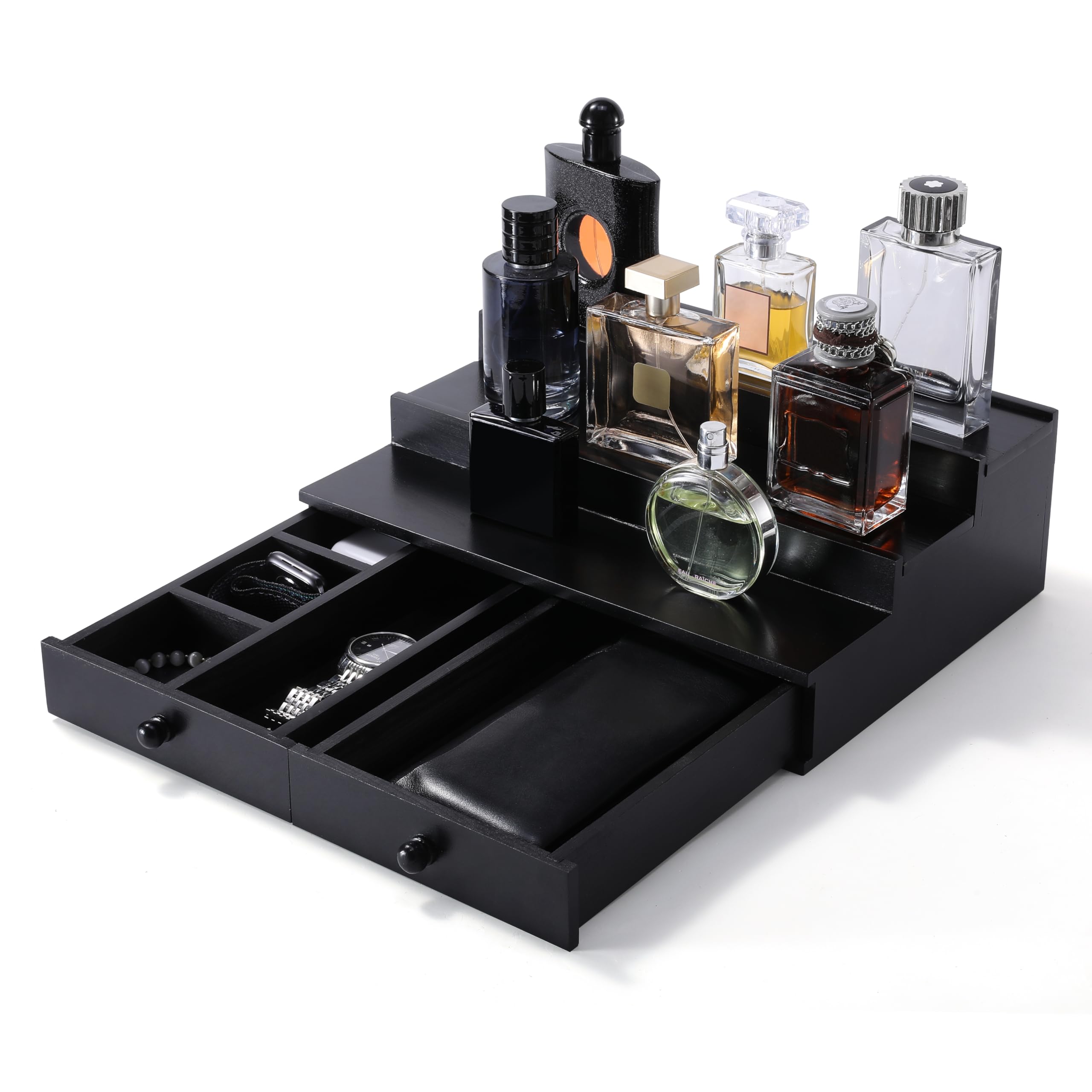 Premium 3-Tier Wooden Cologne Organizer for Men with Drawer & Hidden Compartment - Perfume Display Shelf - Perfect Gift for Him (Black) - Ideal for Bedroom, Bathroom & Vanity Organization