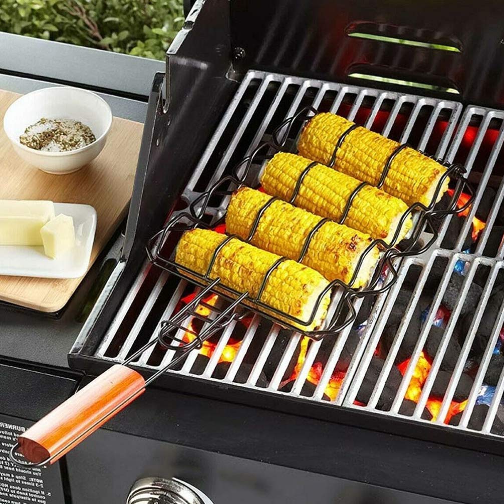 BESPORTBLE Stainless Steel Grill Basket - Corn BBQ Holder with Non-Stick Coating & Long Wooden Handle - Perfect for Home Kitchen, Outdoor Barbecue, Camping, and Backyard Party Accessories