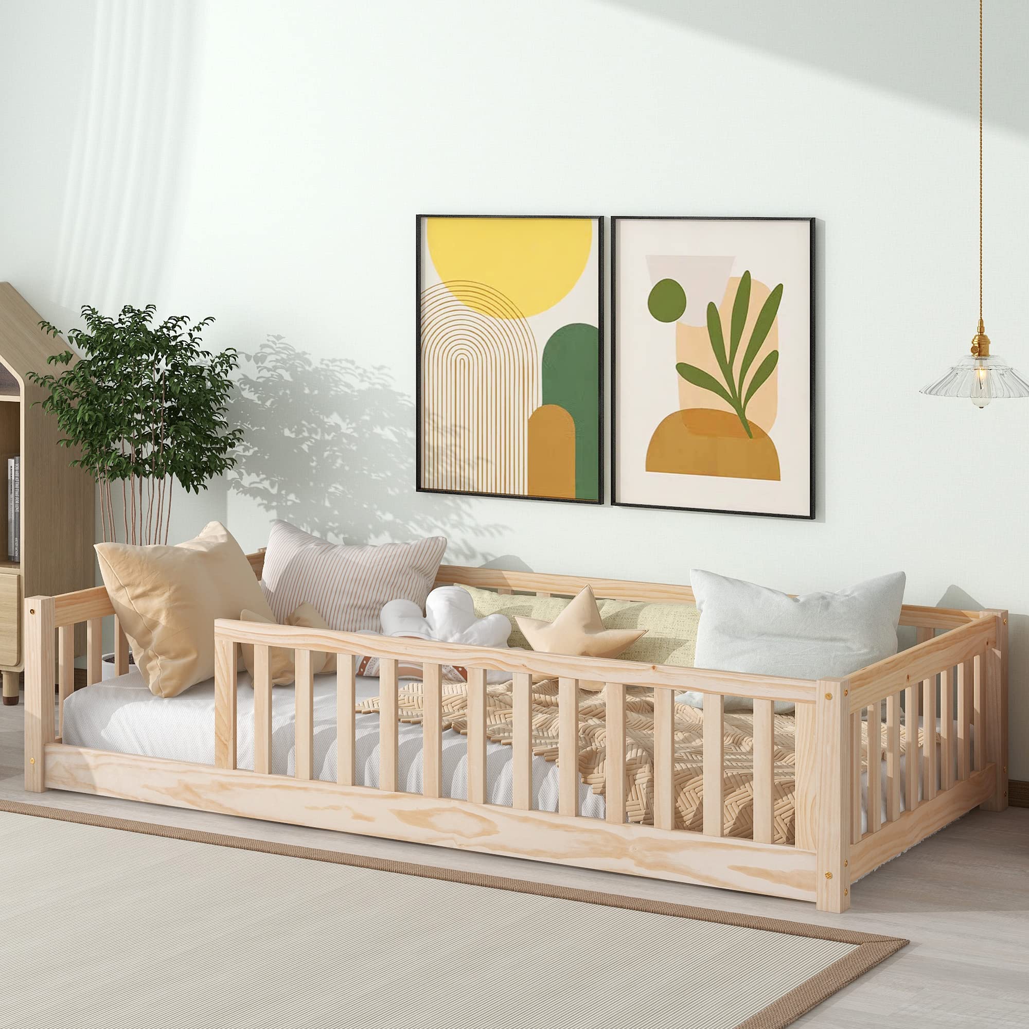 Montessori Twin Size Floor Bed Frame for Kids - Solid Wood Platform Bed with Slats & Safety Fence - No Box Spring Needed - Natural Finish - Perfect for Toddler Rooms, Playrooms & Montessori Bedrooms