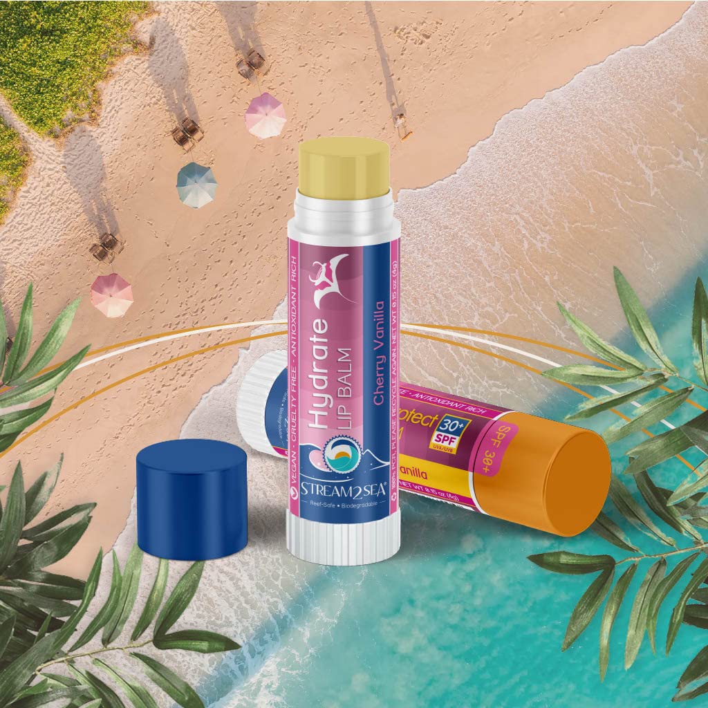 STREAM 2 SEA Cherry Vanilla Lip Balm Set - SPF 30 Reef Safe & Hydrating Organic Lip Care - Moisturizing Indoor & Sun Protection Outdoor - Paraben Free Lip Moisturizer for Beach, Sports, Hiking & Daily Use