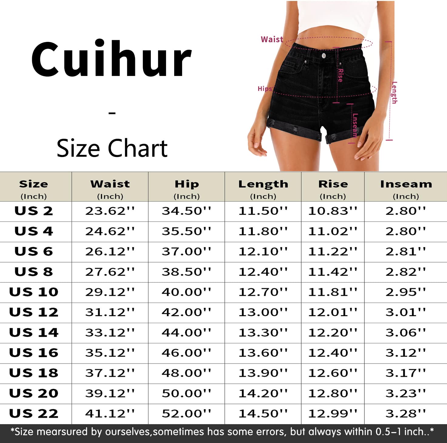 Cuihur Women's High Waisted Stretch Denim Shorts - Ripped & Folded Hem Casual Jeans Shorts for Summer Outfits, Beach & Street Style