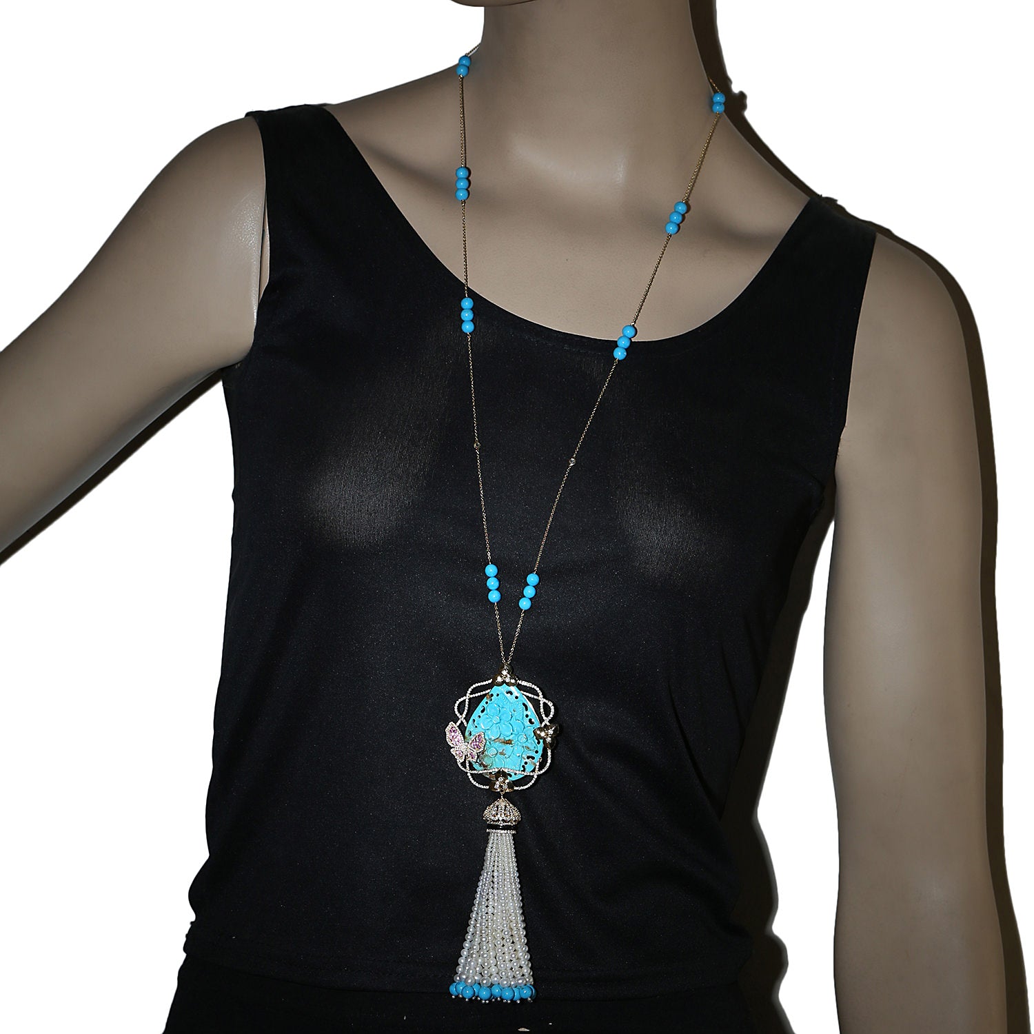 18K White Gold Diamond Lariat Necklace with Carved Turquoise, Natural Pearl, Sapphire & Onyx Beads | Elegant Rope Design Jewelry for Women | Perfect for Weddings, Parties & Special Occasions