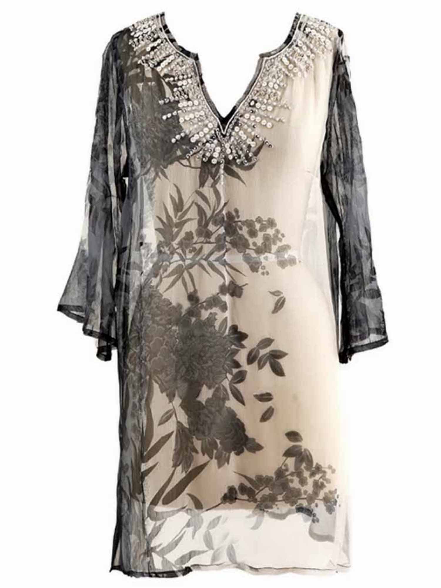 Elegant Gray & Beige Sheer Beach Cover Up with Sequin Trim - Luxury Women's Swimwear Cover Up for Pool, Beach Vacation & Summer Outings