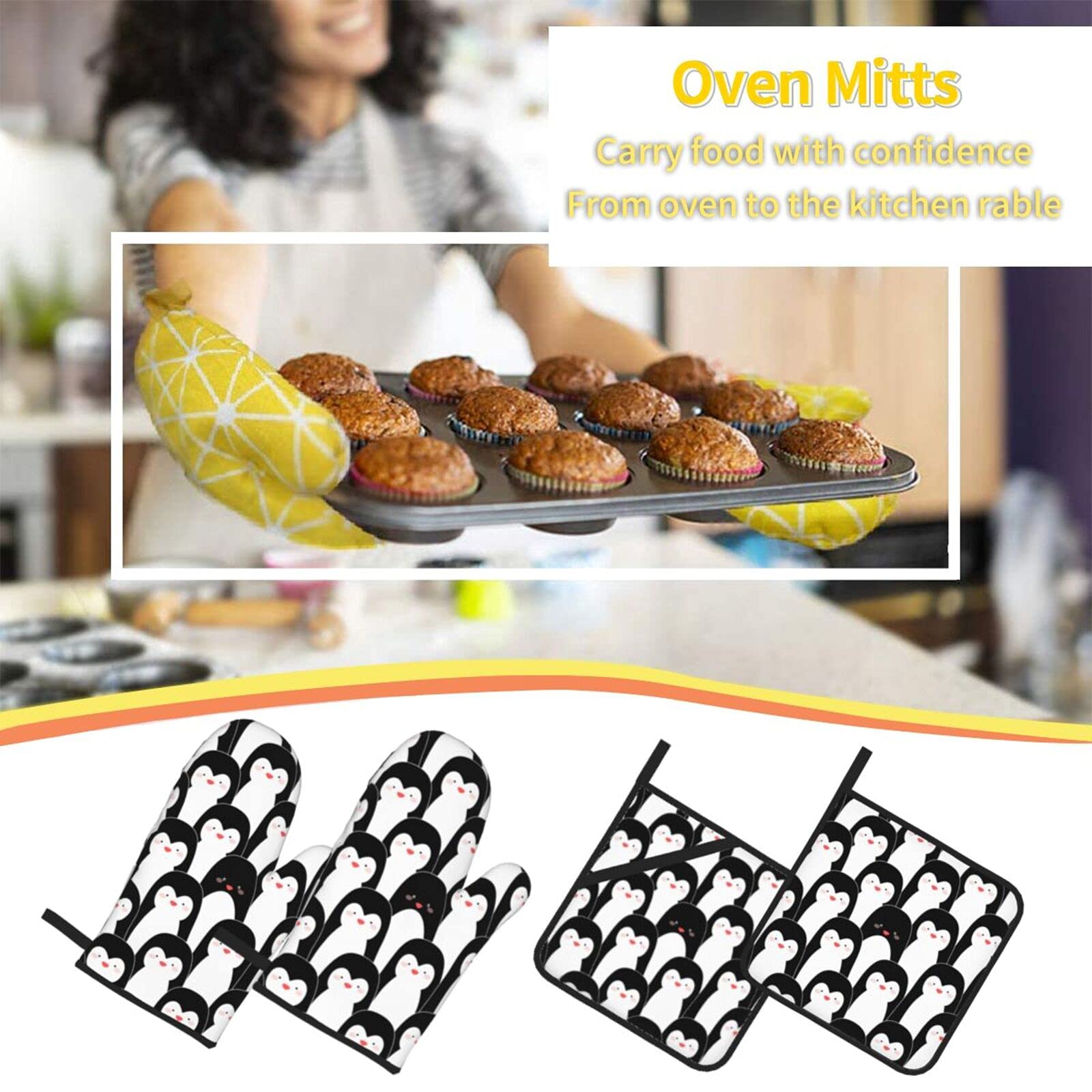 Cute Penguins Print 4-Piece Oven Mitts and Pot Holders Set - Heat Resistant, Non-Slip Kitchen Gloves with Inner Cotton Layer for Cooking, Baking, BBQ & Grilling - Perfect for Holiday Gifts, Housewarming & Kitchen Decor