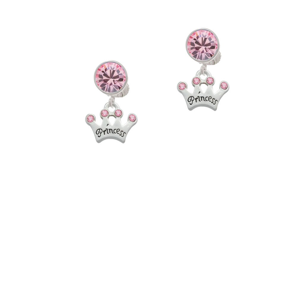 Princess Crown Earrings with Pink Crystals - Clip On for Parties