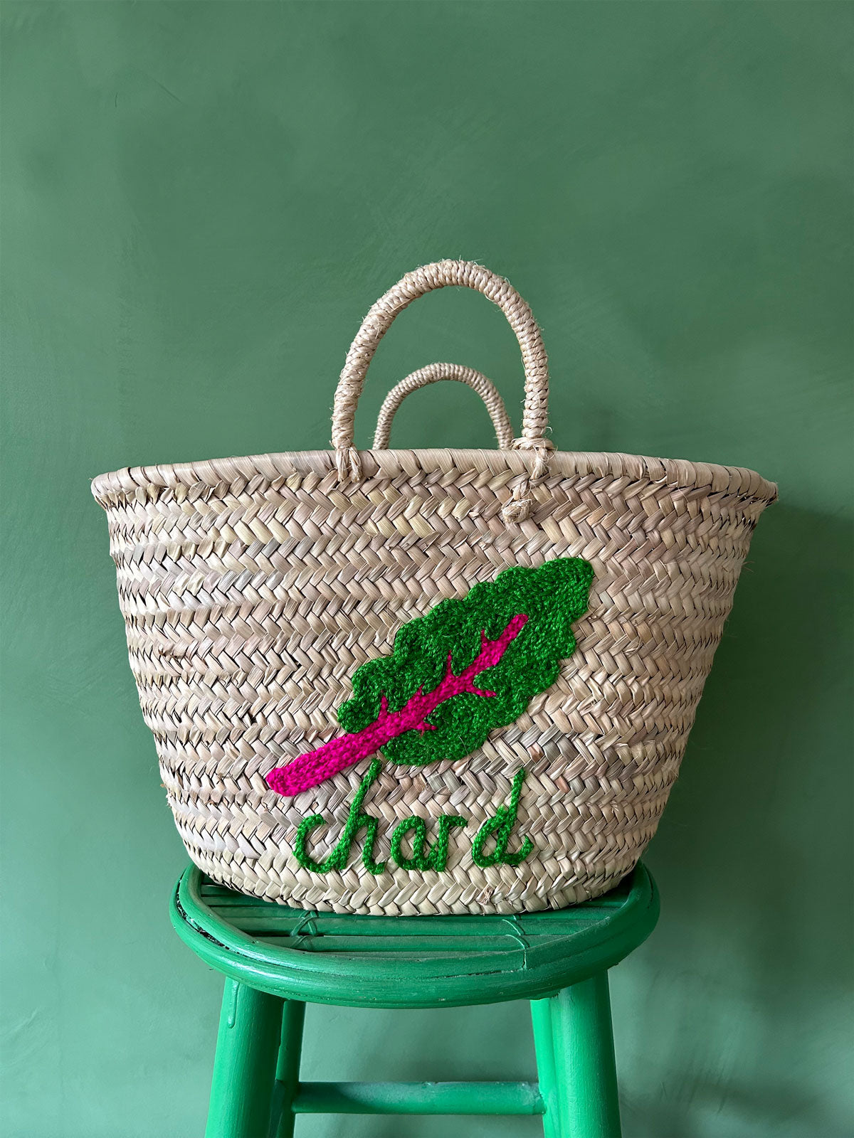 Handmade Embroidered Market Basket - Eco-Friendly Cotton Tote Bag for Grocery Shopping, Farmers Market & Picnic - Chard Green Design